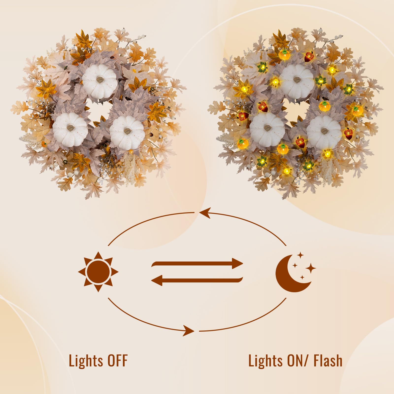 Decorative wreaths with lights on a beige background