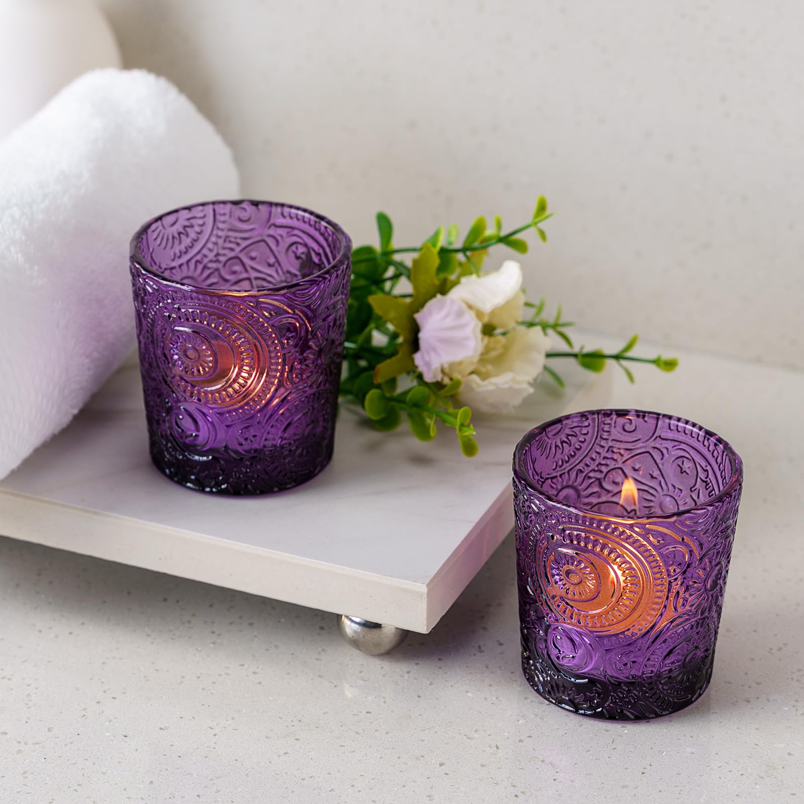 12 Pack Sun Moon Star Embossed Glass Tea Light Candle Holders Amethyst Purple