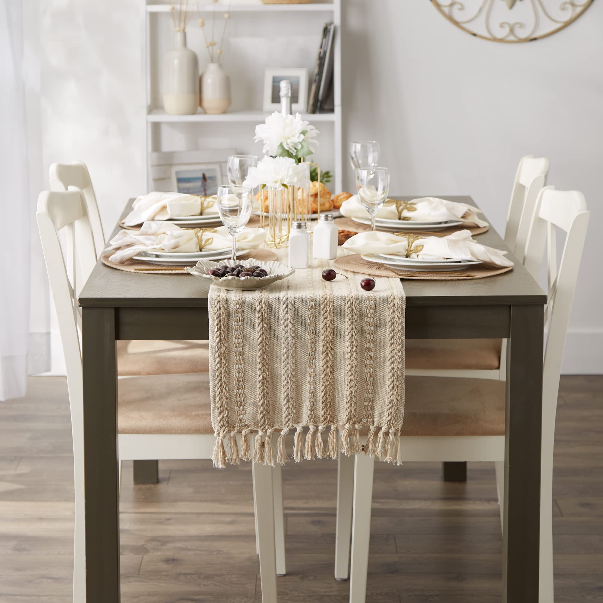 Farmhouse braided stripe table runner with fringe detail - simple and stylish table decor