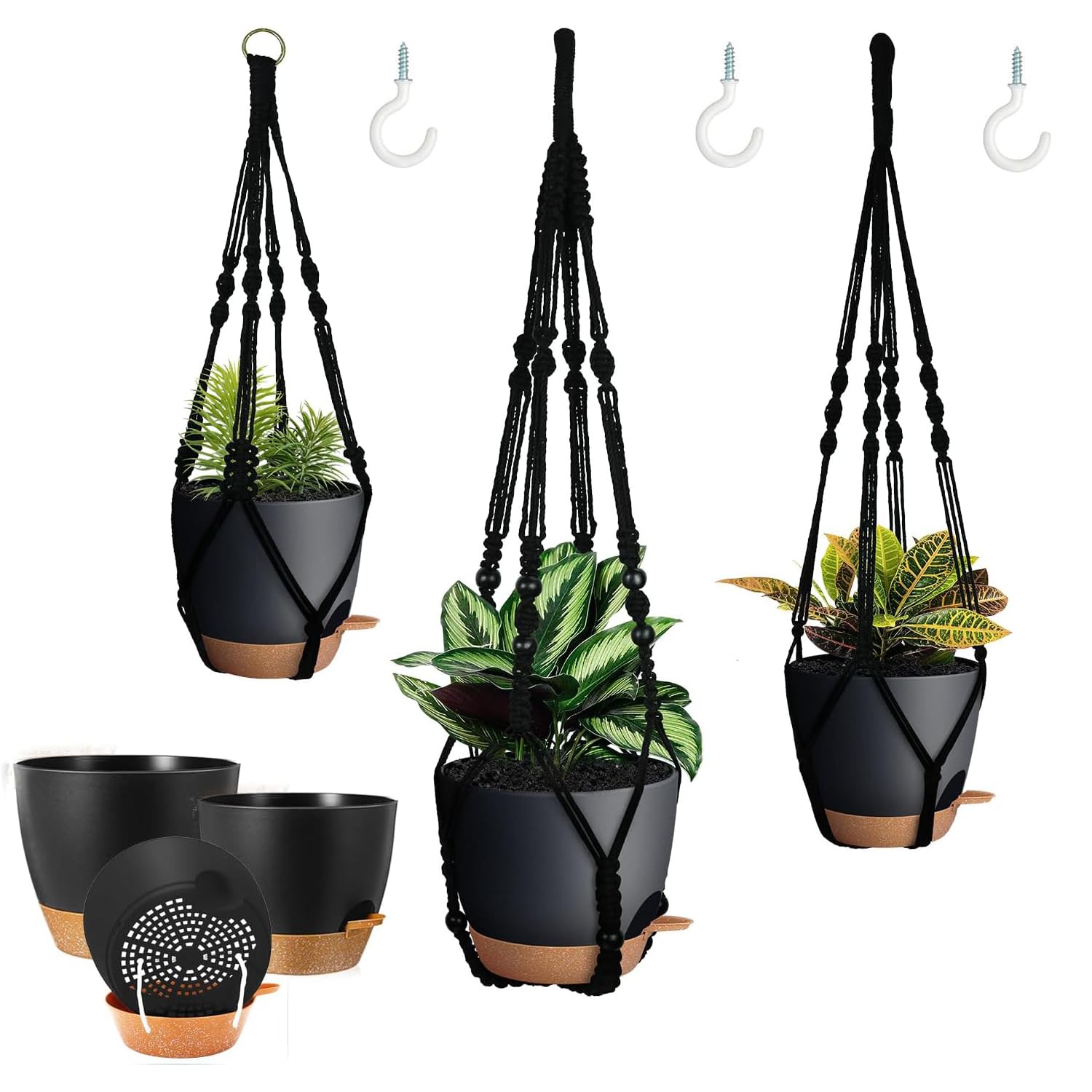 3 Pack Black Self Watering Macrame Hanging Planters