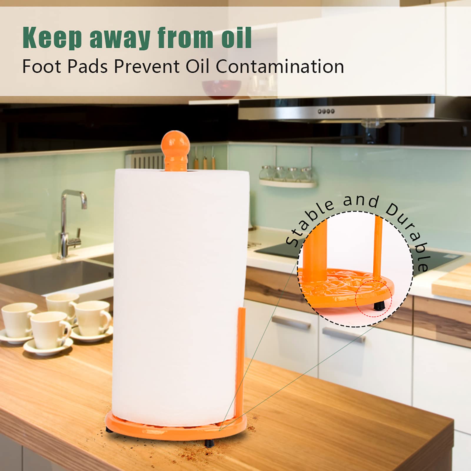 Orange Cast Iron Paper Towel Holder - stable and durable with foot pads