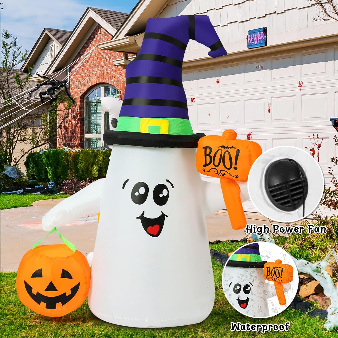 Halloween Inflatables Ghost Outdoor Decoration with Boo sign and pumpkin trick or treat basket