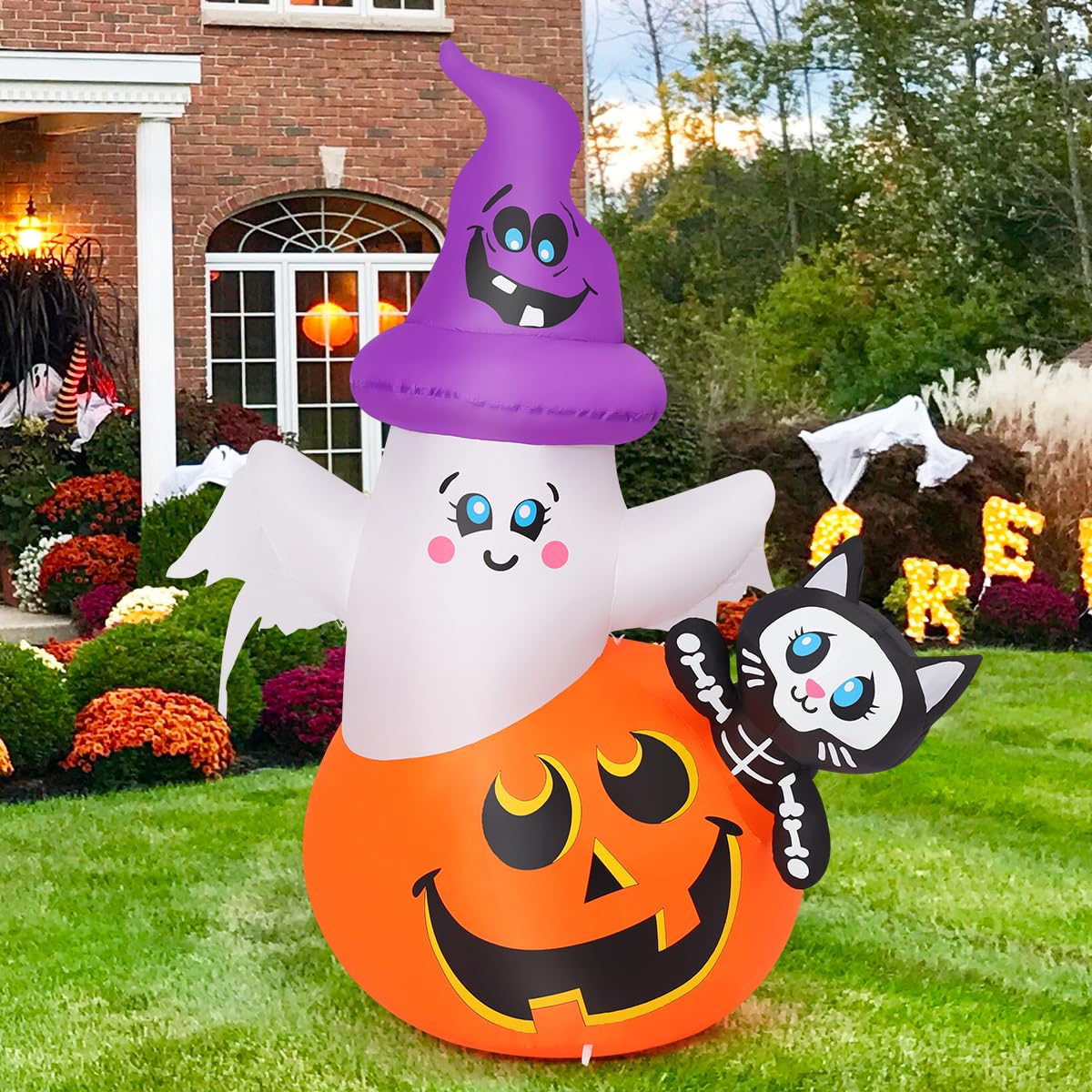 5 FT Pumpkin Ghost Cat Outdoor Halloween Inflatable with Built-in LEDs