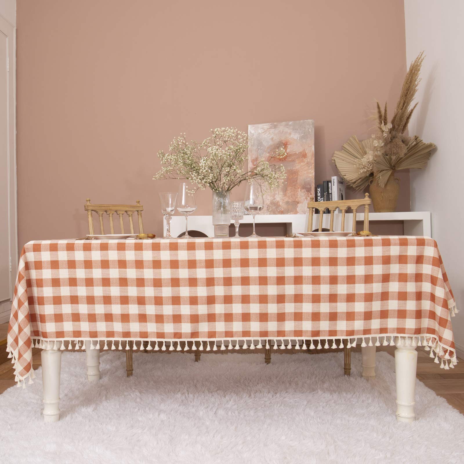 Orange buffalo plaid rectangle fall tablecloth with fringe