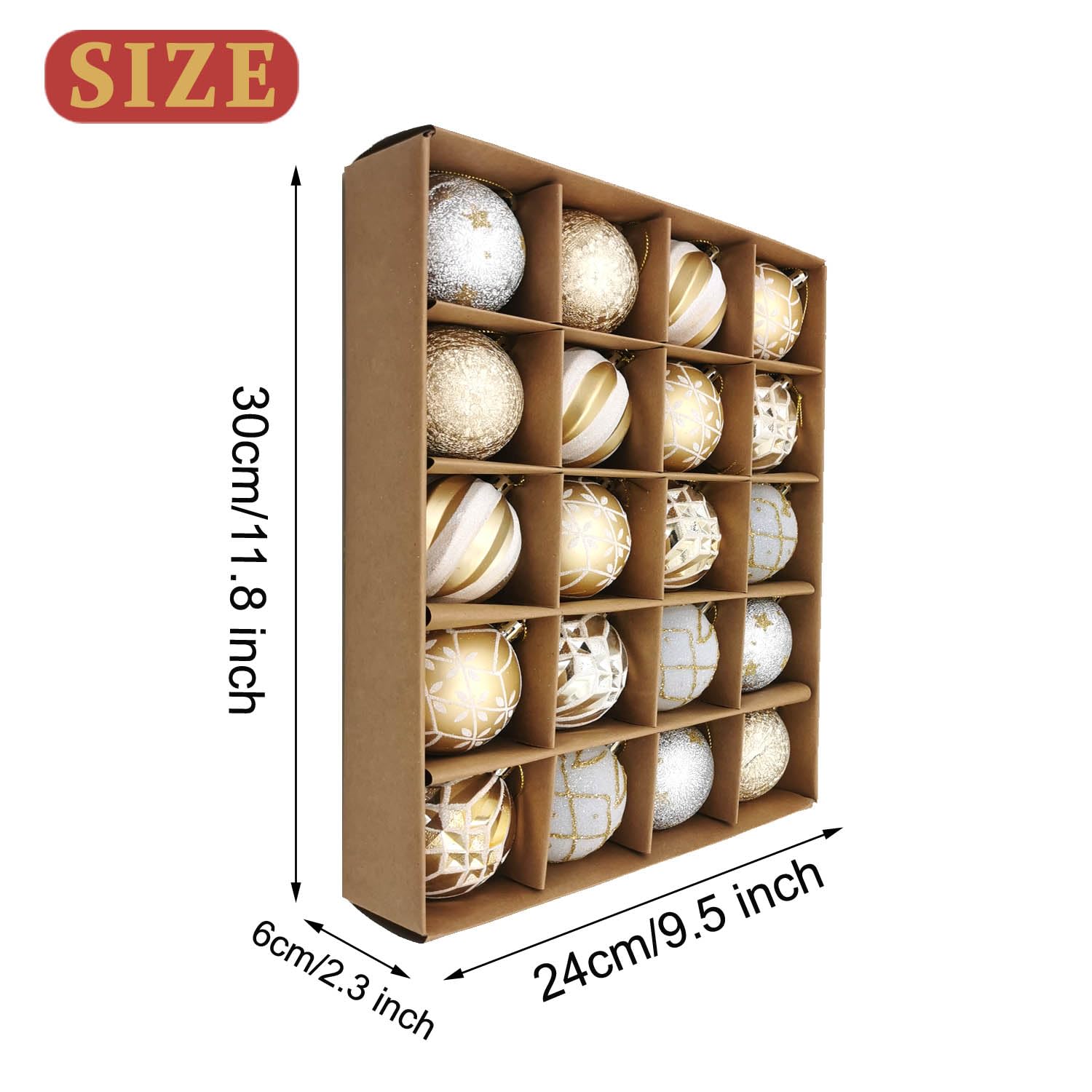 gold and white Christmas ornaments product size