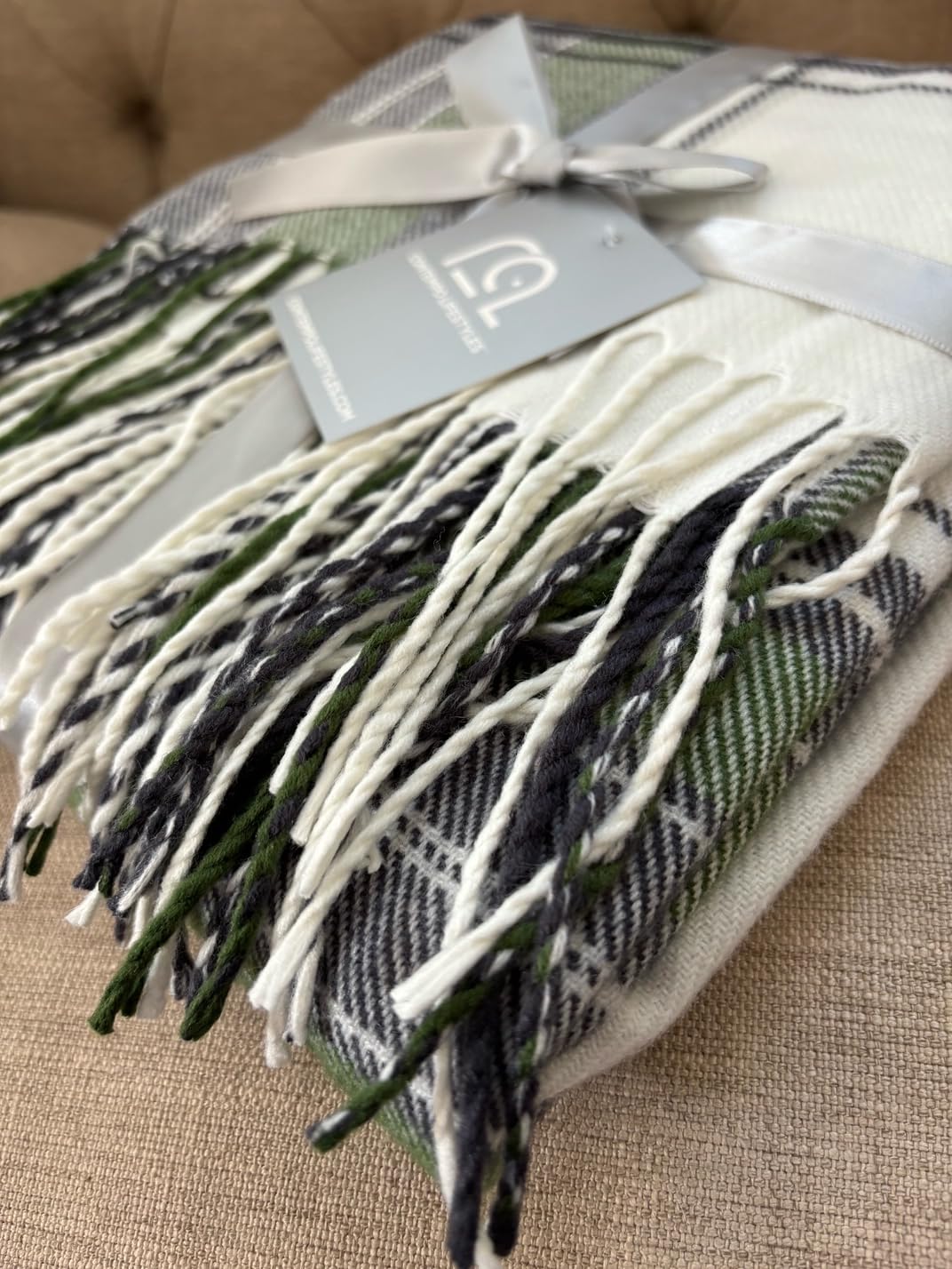 olive green buffalo check throw blanket with fringe