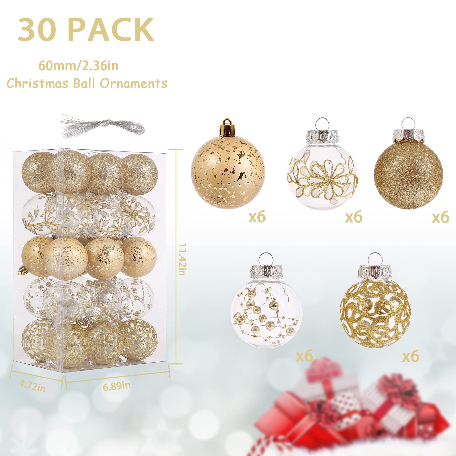 30 Pack Champagne Gold Christmas Ornaments Set