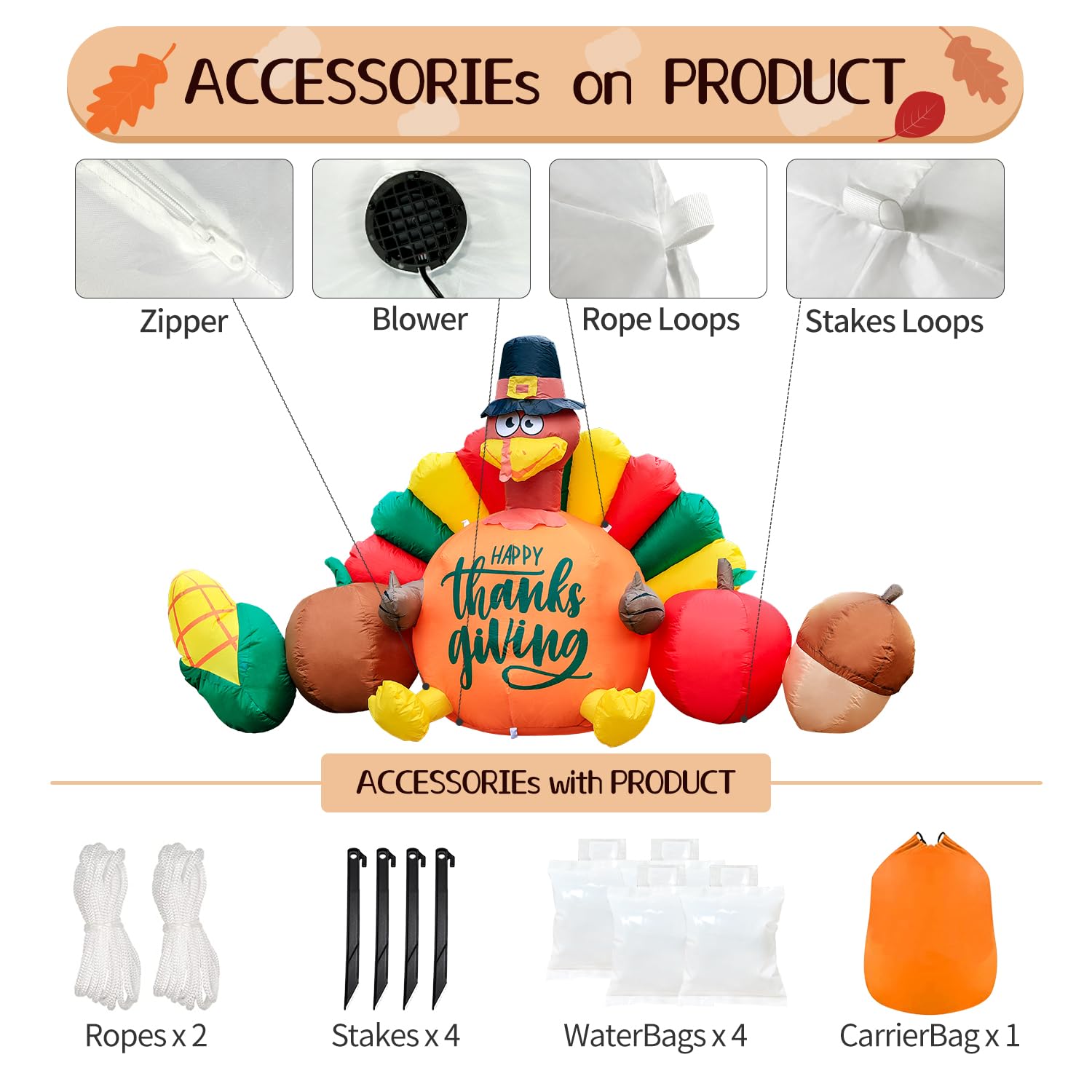 Large inflatable turkey for Thanksgiving with accessories
