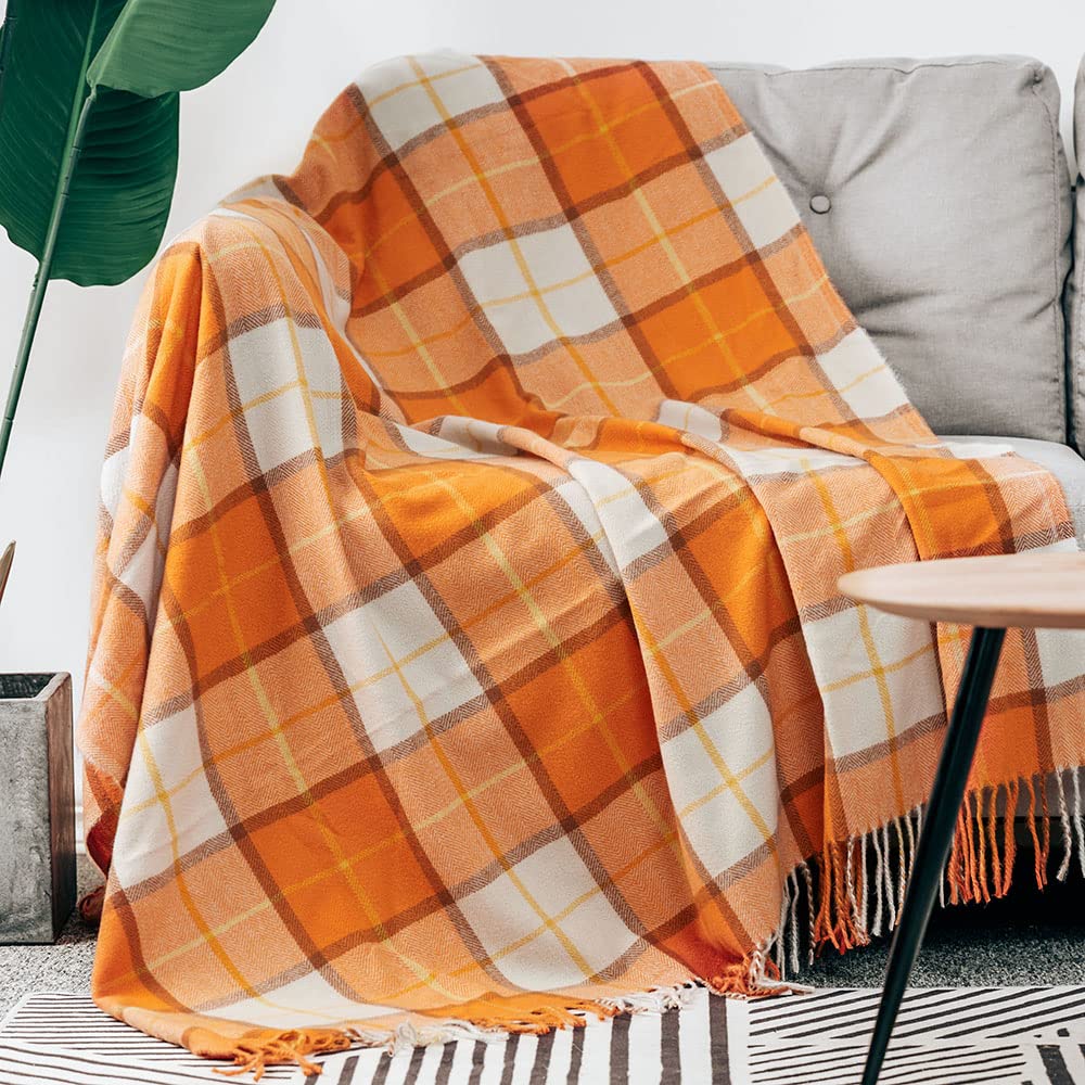 Classic Orange Plaid Fringe Decorative Faux Cashmere Throw Blanket