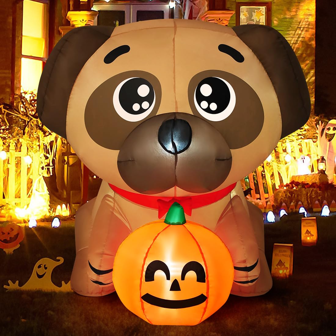 5 FT Pug Holding Pumpkin Inflatable with Built-in LEDs