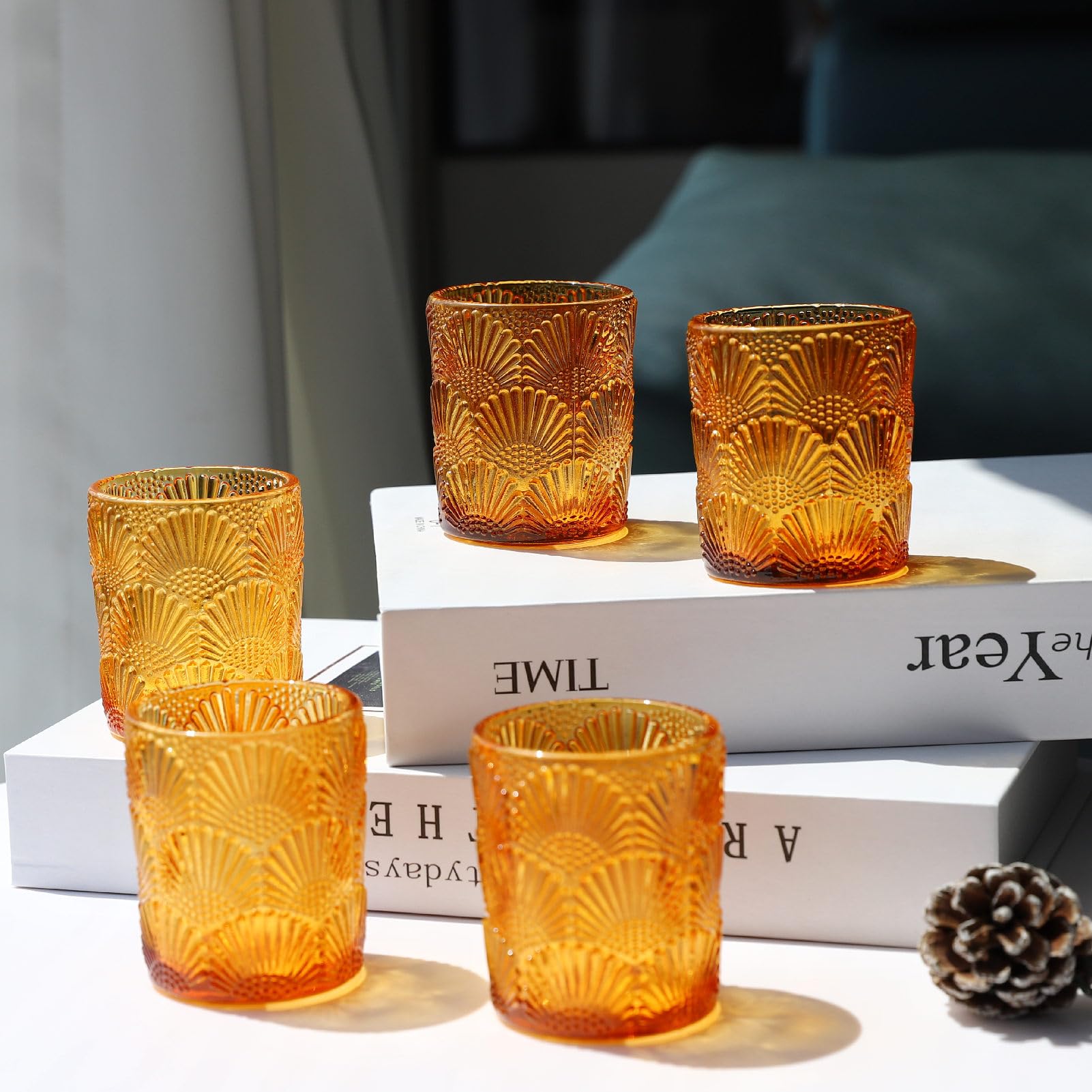 amber glass candle holders with embossed design