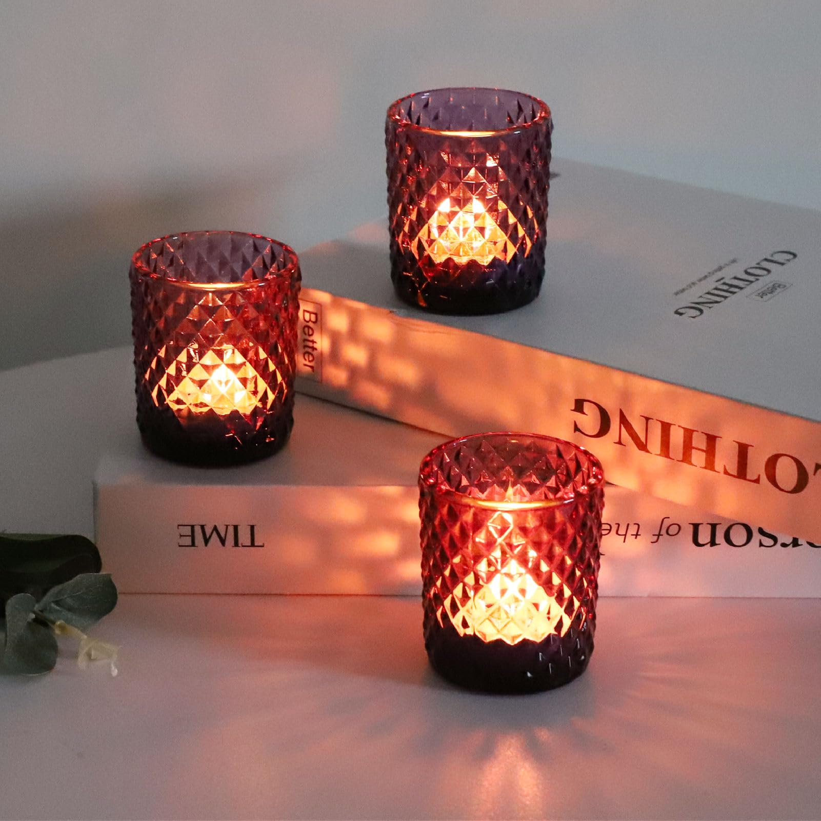 12pcs Purple Vintage Glass Diamond Pattern Votive Candle Holders