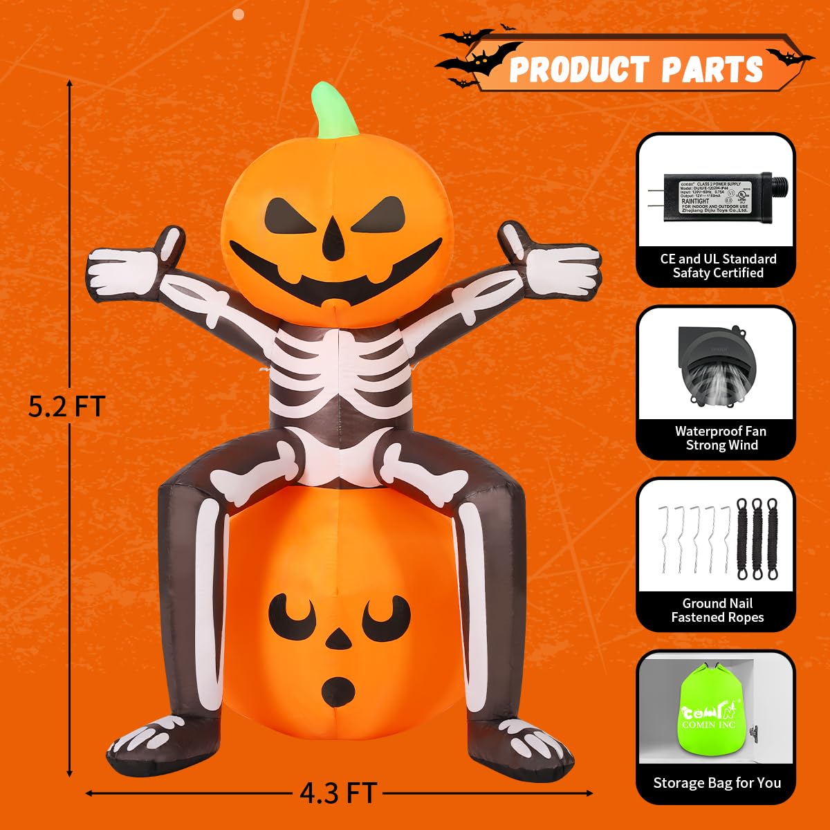 Skull Skeleton Pumpkin Head with Built-in LEDs Inflatable Size and Features