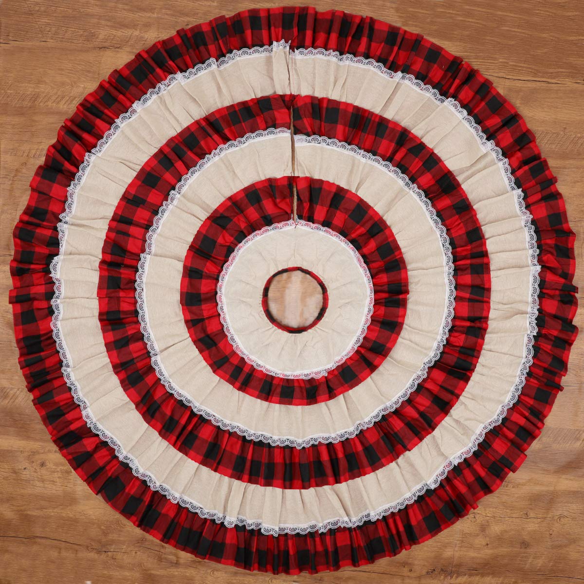 Buffalo Christmas Tree Skirt, Plaid & Burlap Lace Ruffle