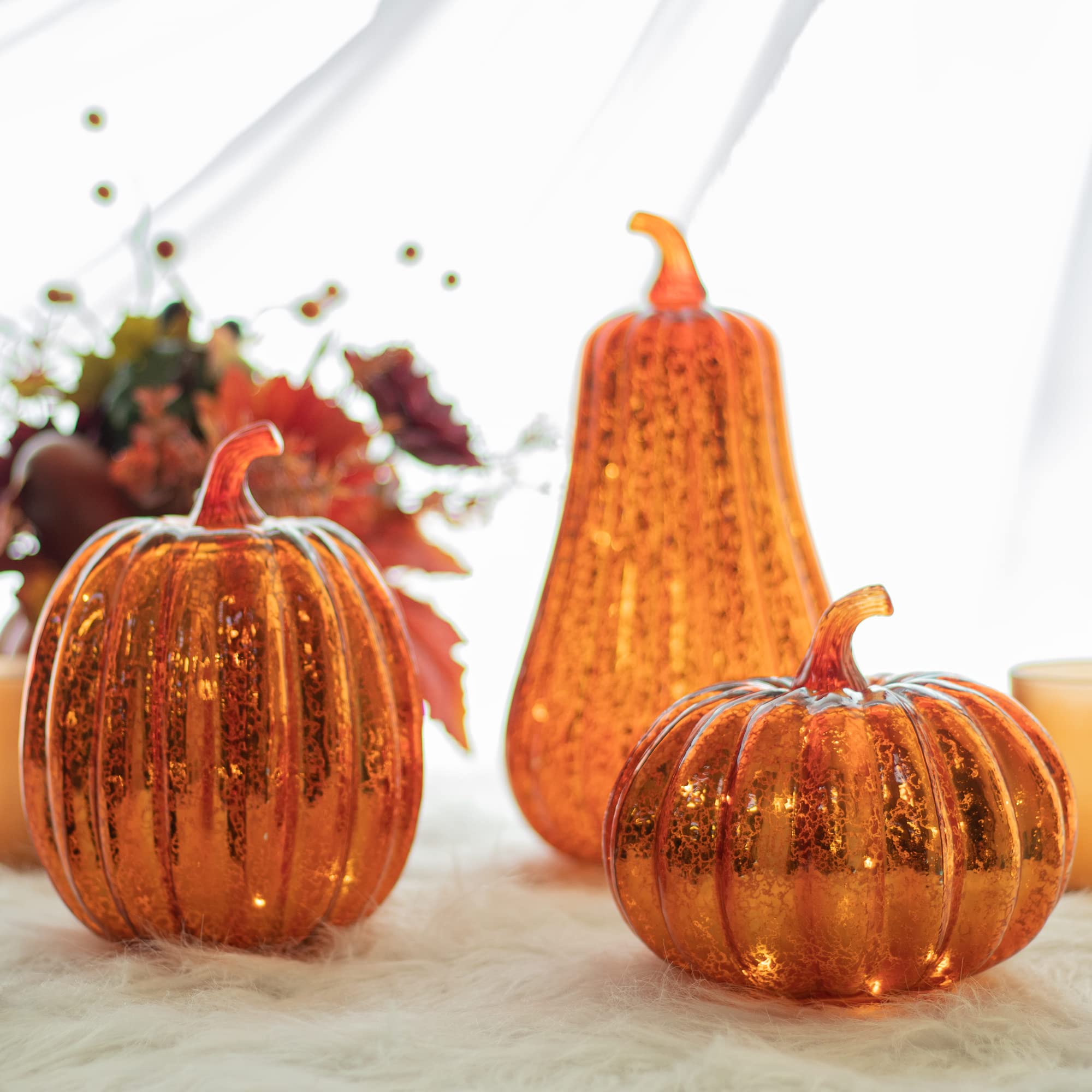 Set of 3 Orange Glass Pumpkin Decorations with Lights and Timer