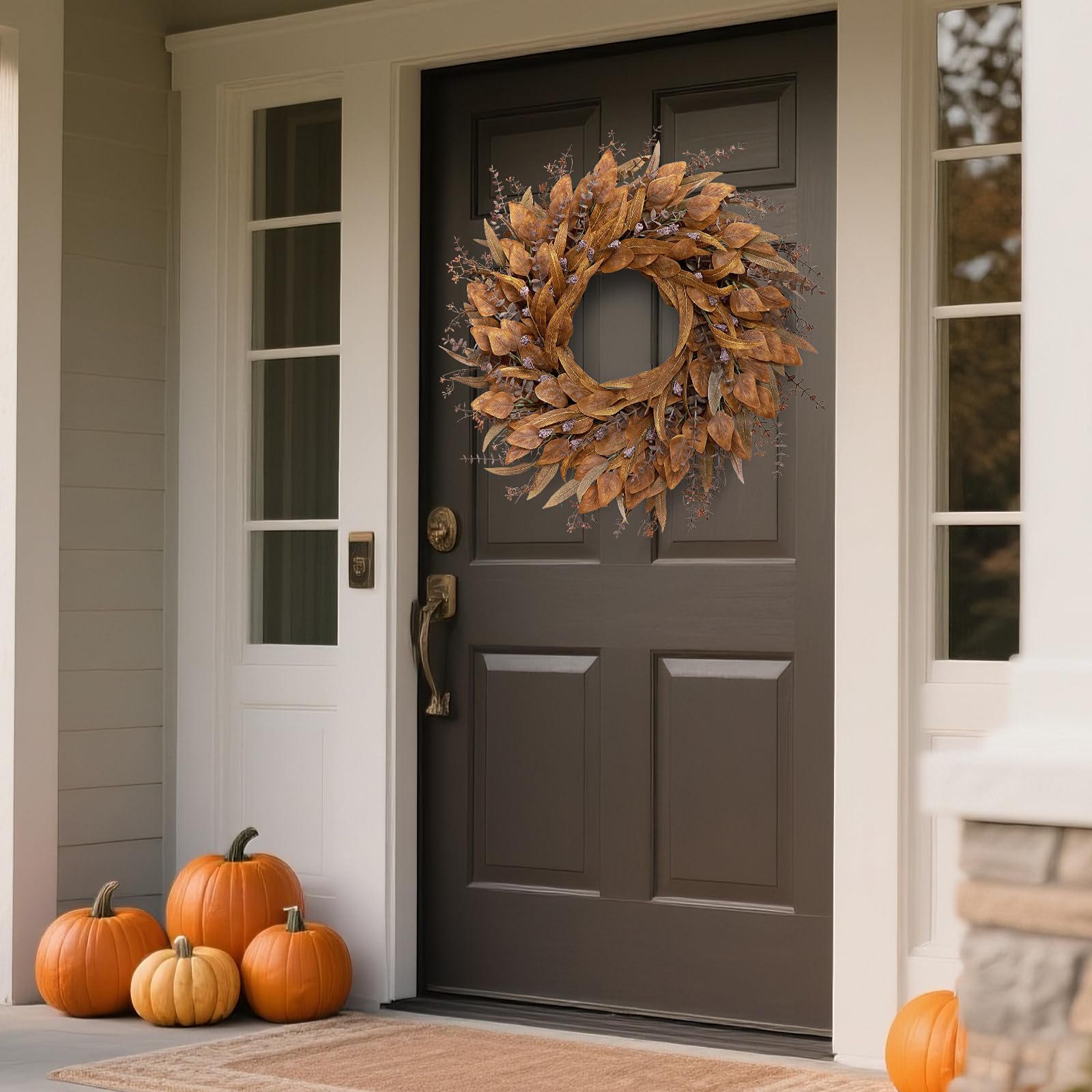 26 Inch Orange Fall Eucalyptus Wreath on Front Door