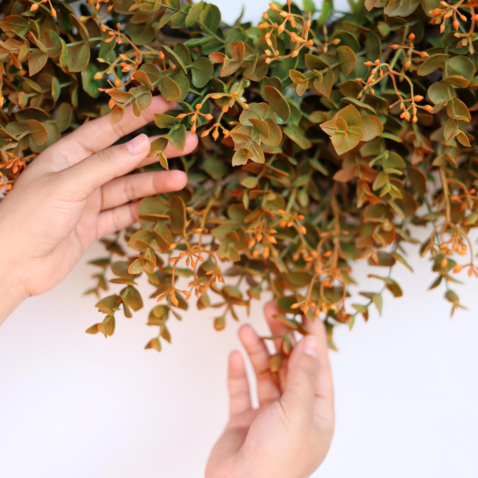 26 inch large artificial eucalyptus leaves wreath in green brown and orange for fall decor