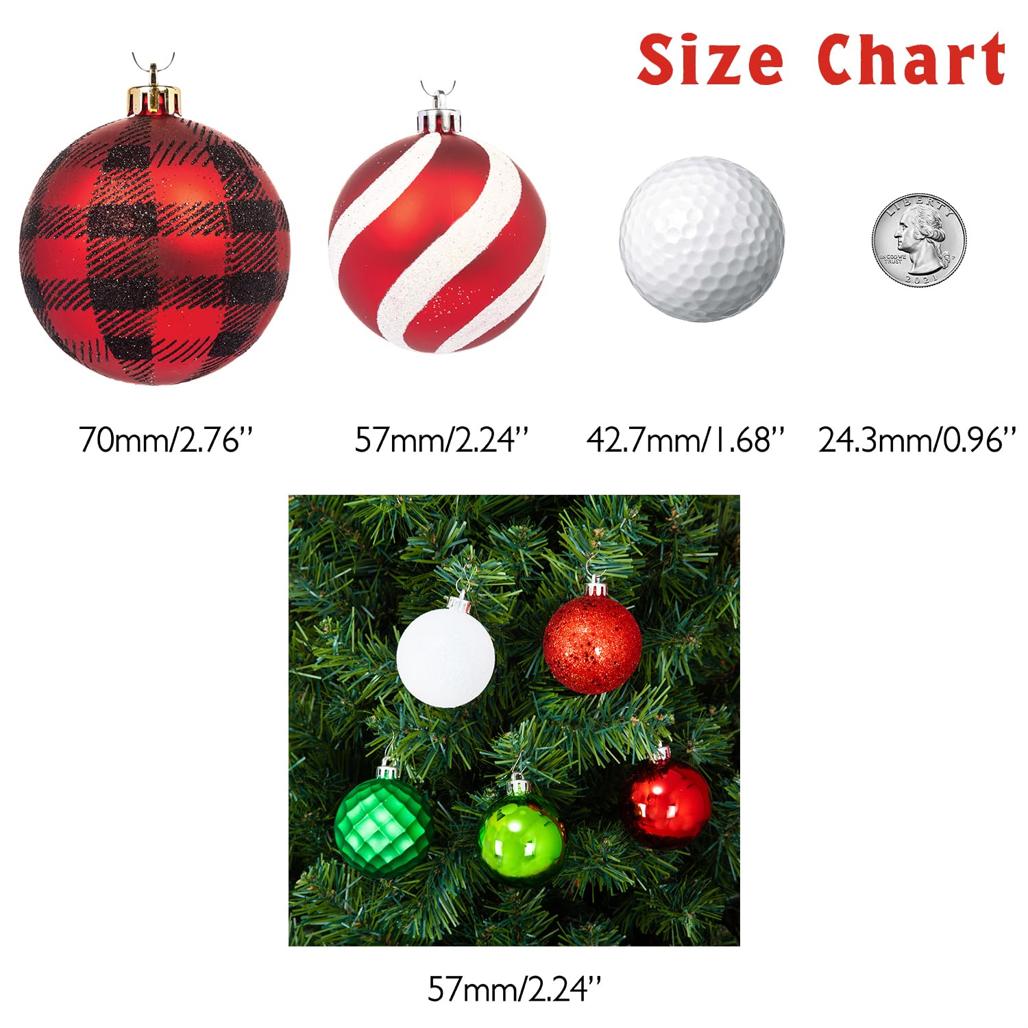 Red green white ornament set size chart