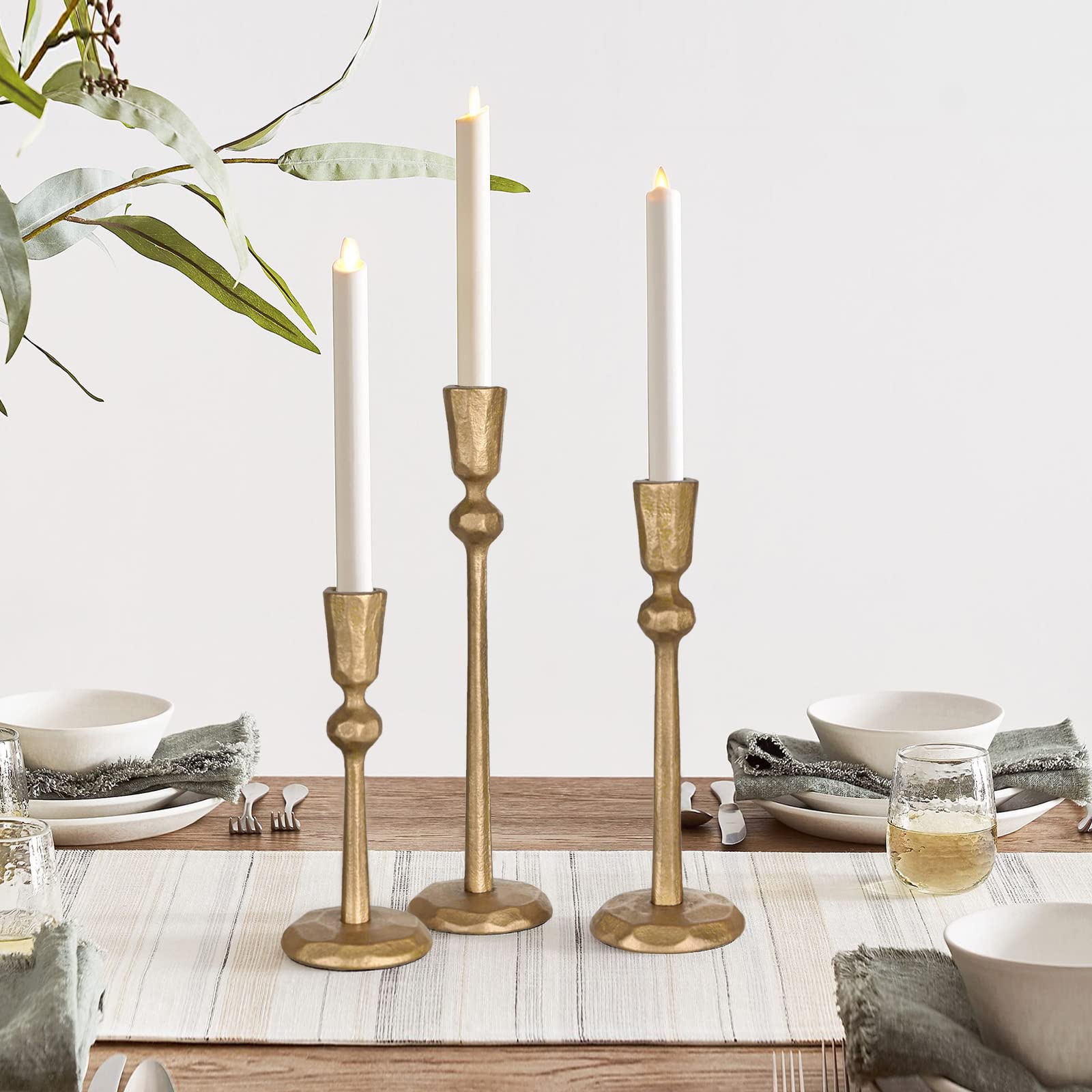 Set of 3 Antique Brass Candlestick Holders