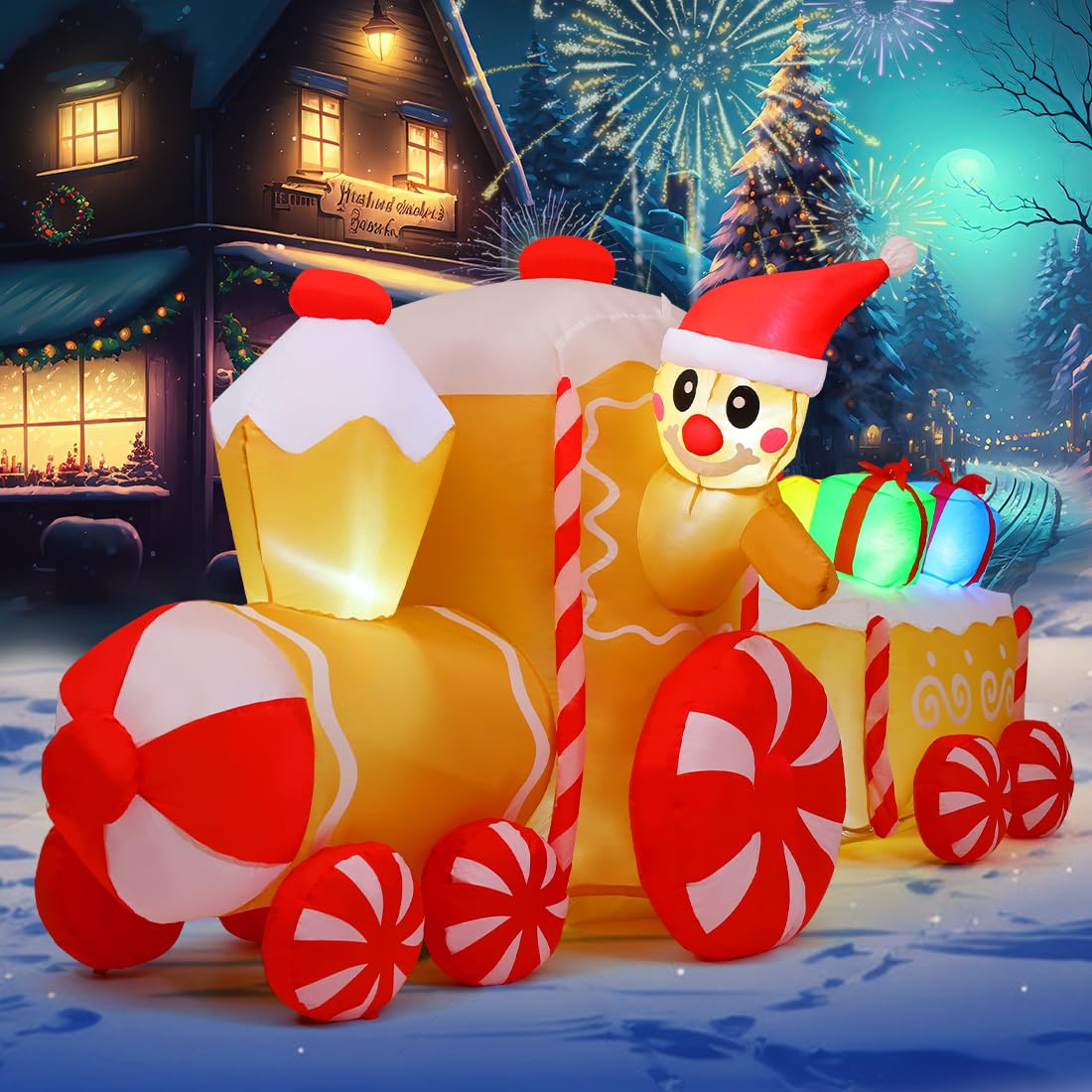 9 FT Length Christmas Inflatable Gingerbread Man Train with LEDs