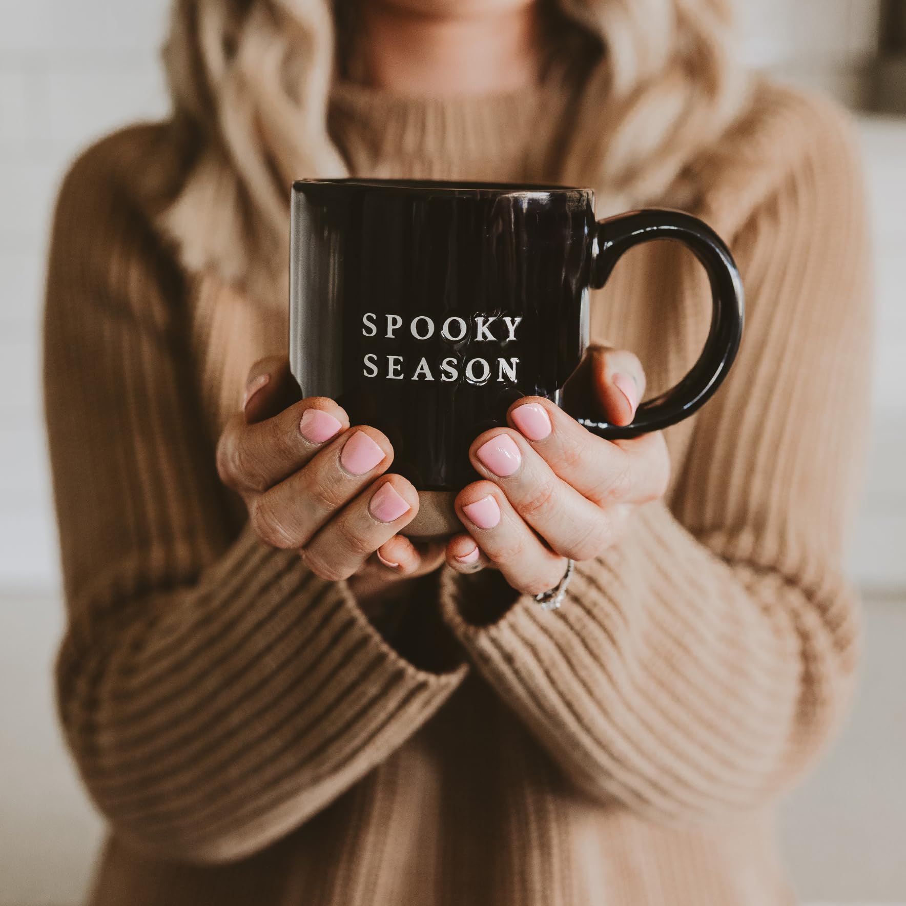 close-up view of spooky season coffee mug