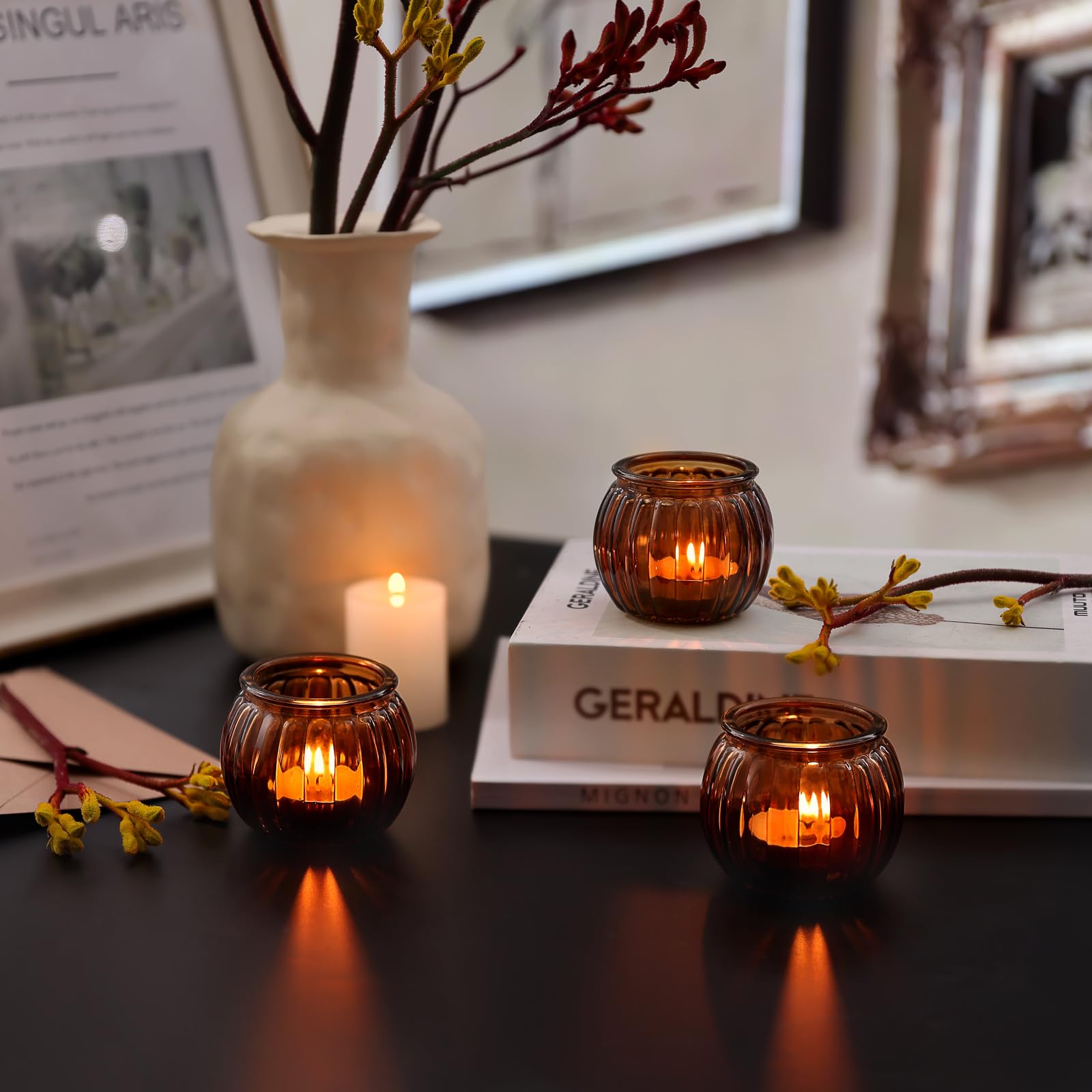 Ribbed glass candle holders table decor