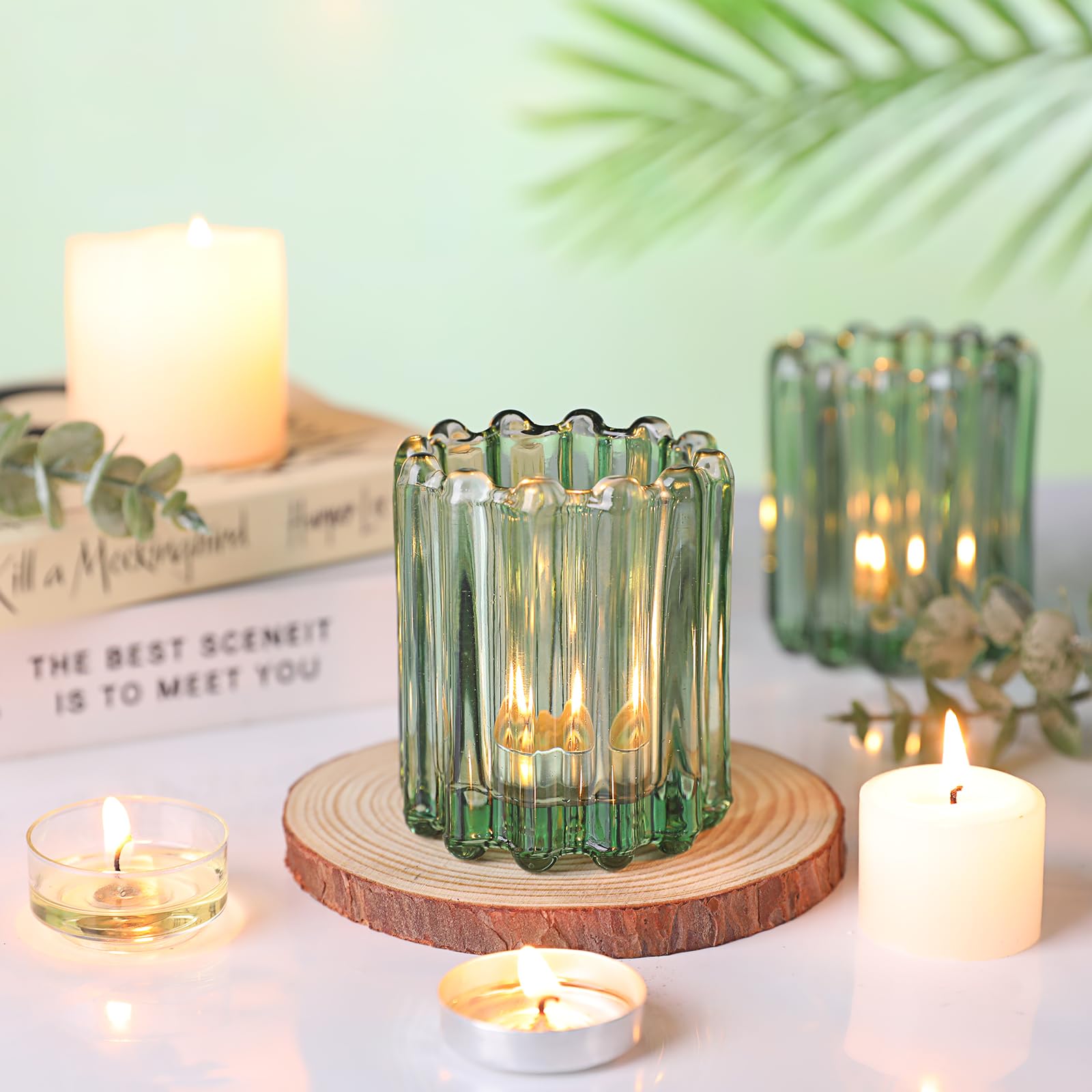Green glass candle holder set