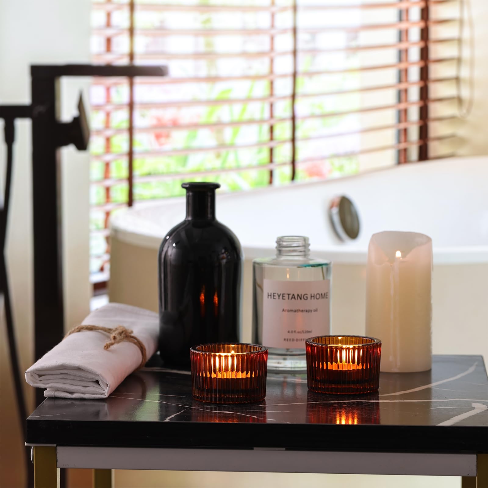 indoor decor - amber ribbed glass tealight candle holder set