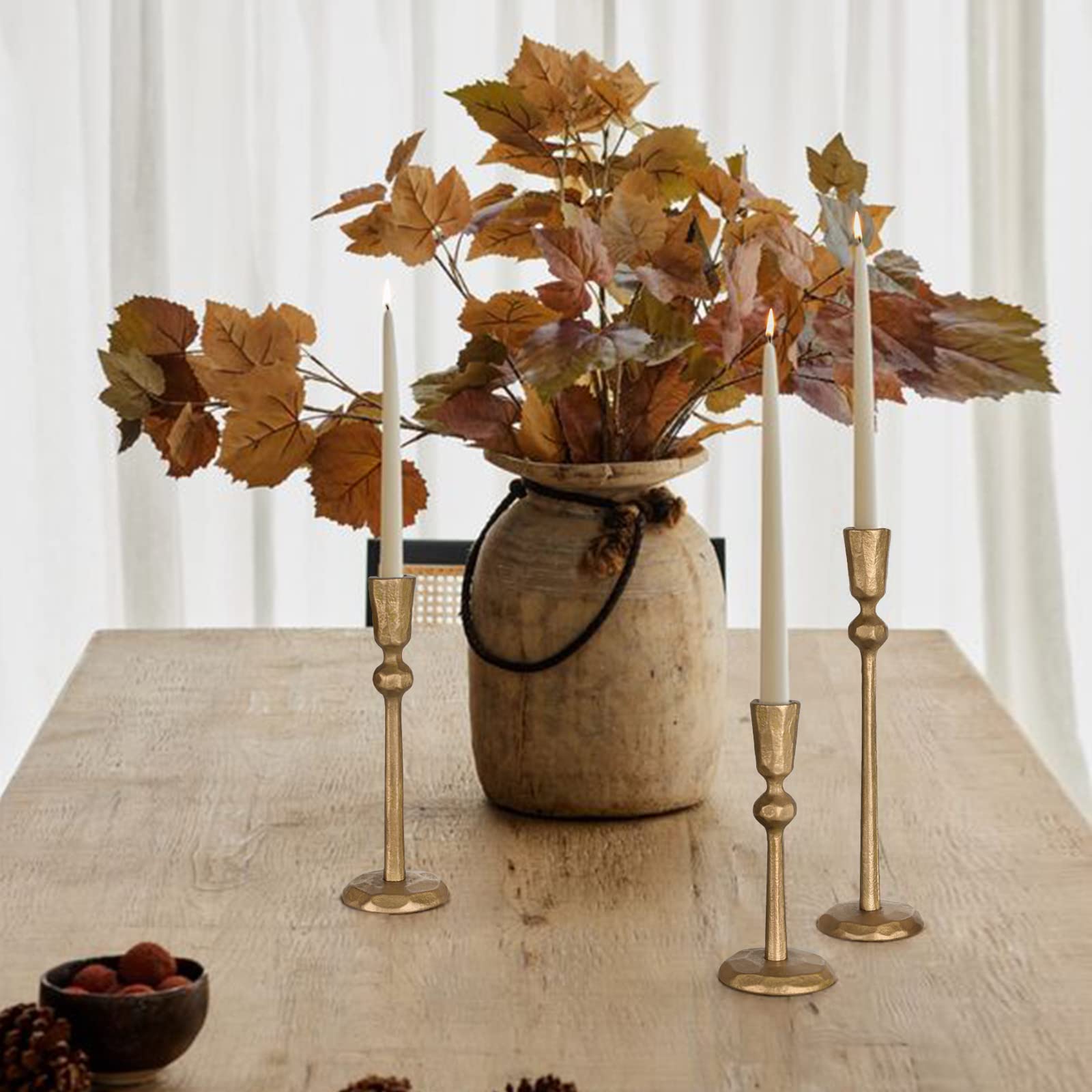 Set of 3 Antique Brass Iron Taper Candle Holders - Fall table decor - fall centerpiece idea
