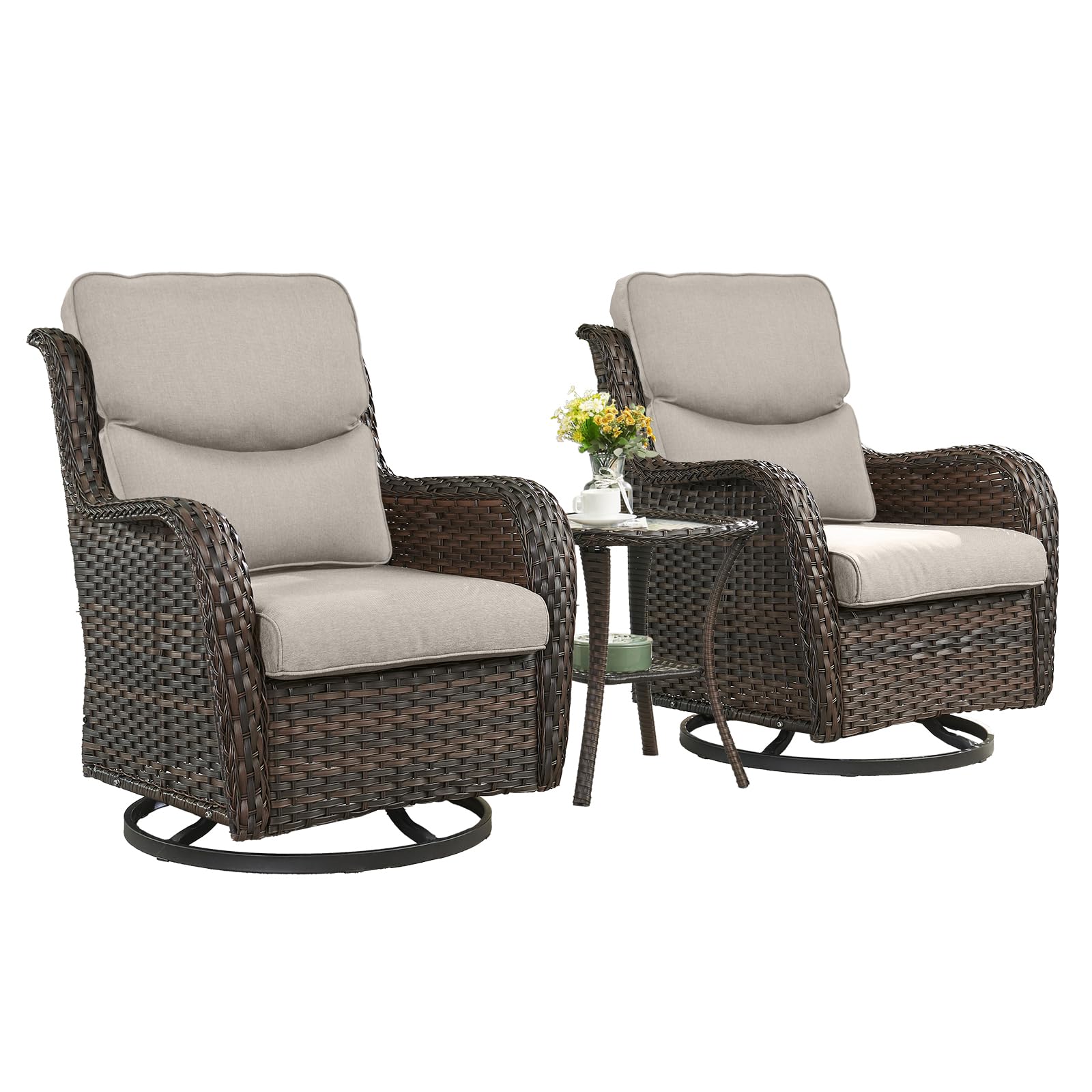 3 Piece Outdoor Rattan Rocking Bistro Set with Side Table - Brown Wicker Outdoor Rocking Chairs with Beige Cusions