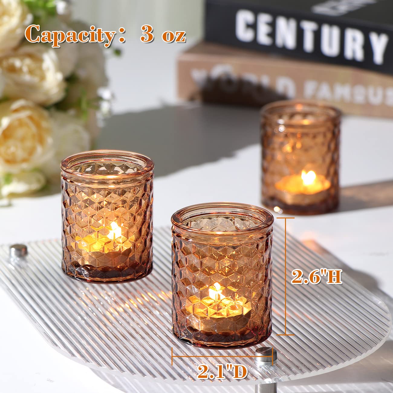 3 ounce capacity and size specs of table decor candle holders