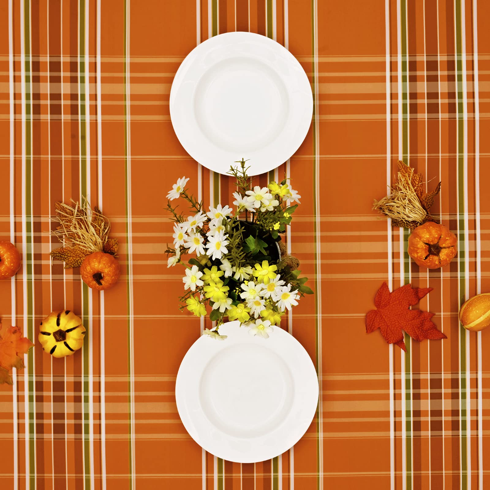 Orange Gingham Buffalo Plaid Tablecloth, Fall Table Setting