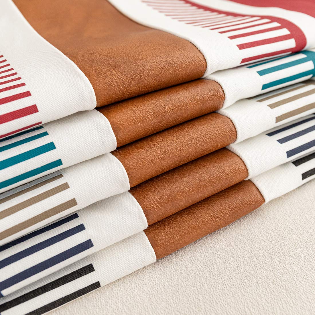 Striped Pattern with Faux Leather Accent Pillow Covers