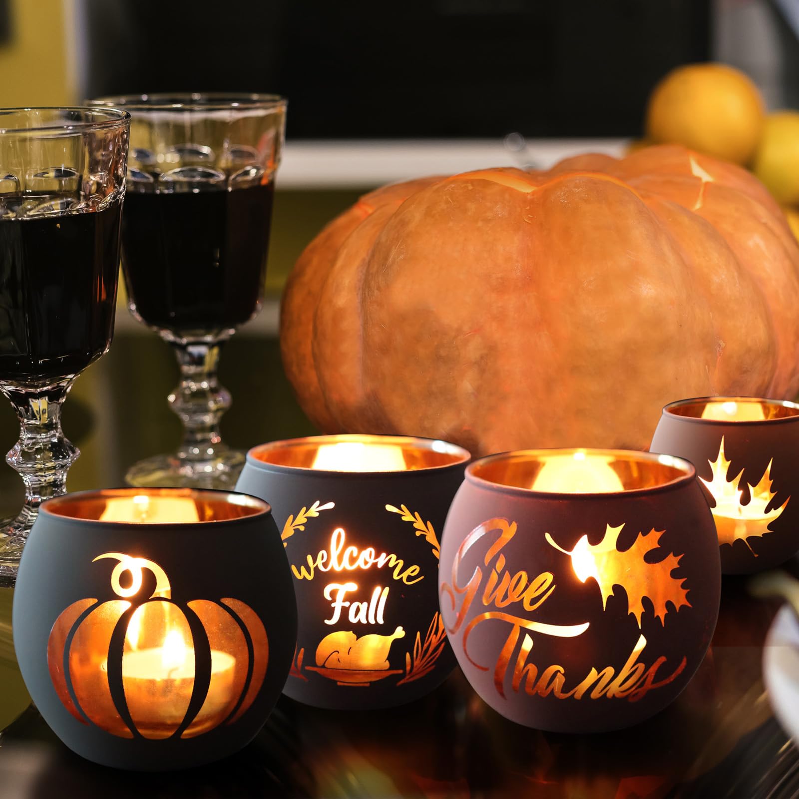 Thanksgiving votive candle holders with laser engraved design