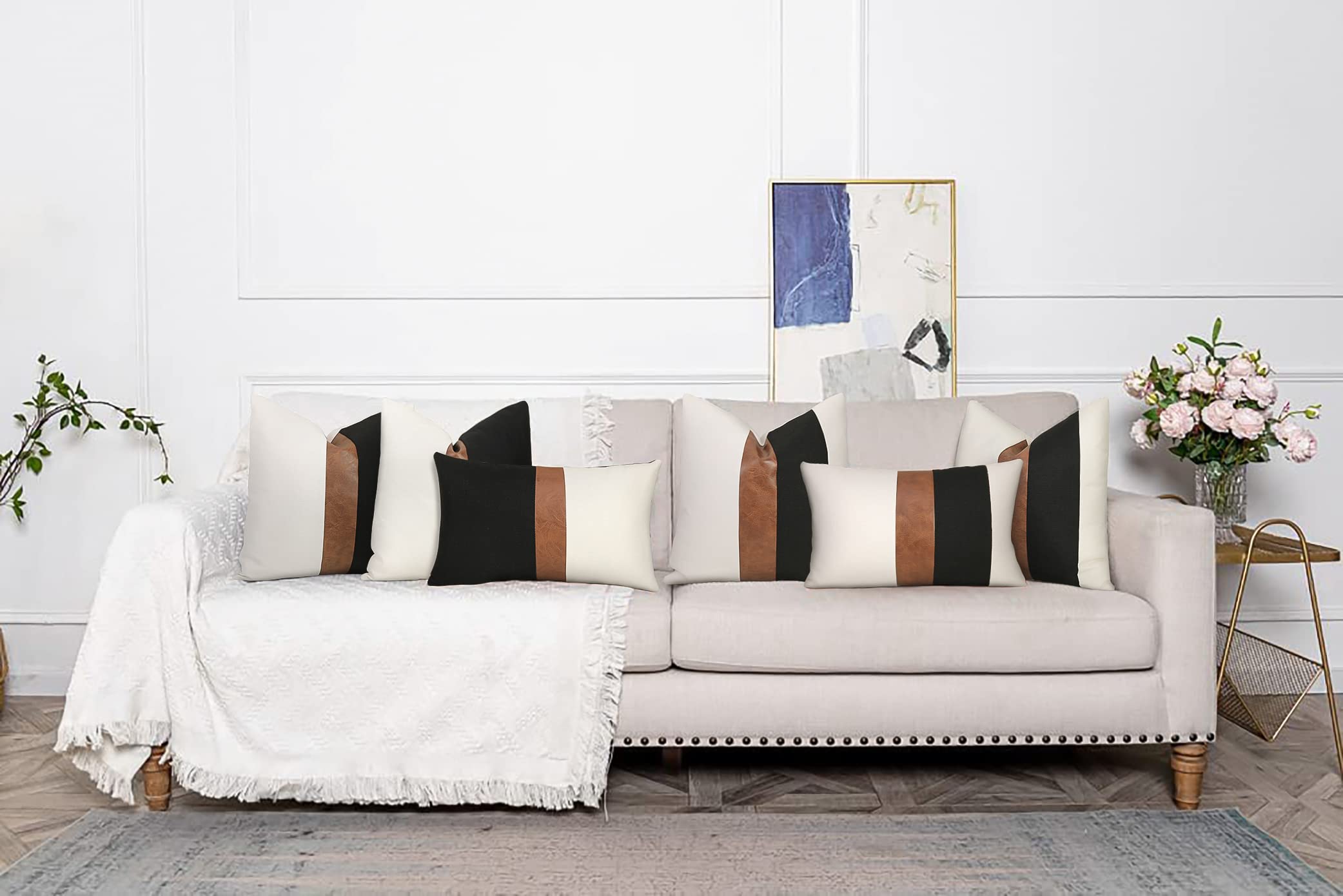 Black brown white textured throw pillow cover set of 2