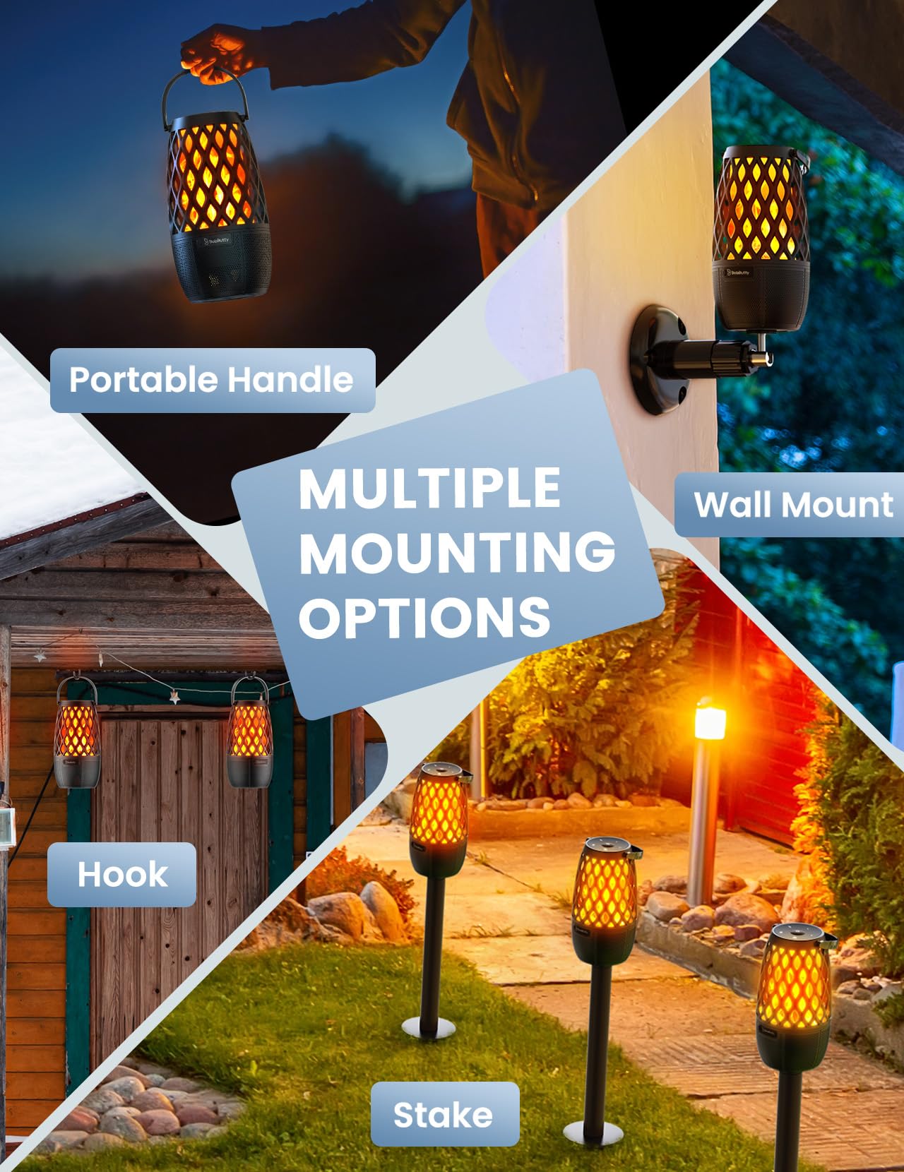 outdoor wireless speakers with multiple mount options - portable handle, wall mount, hook, or stake