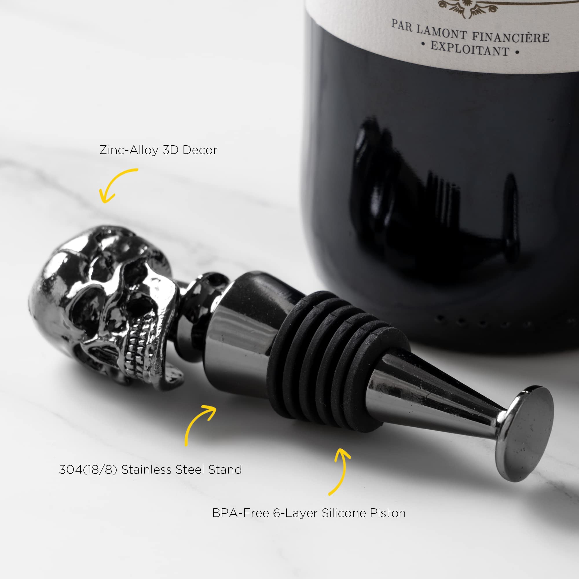 Skull bottle stopper with zinc-alloy 3D skull, stainless steel stand and BPA-free silicone