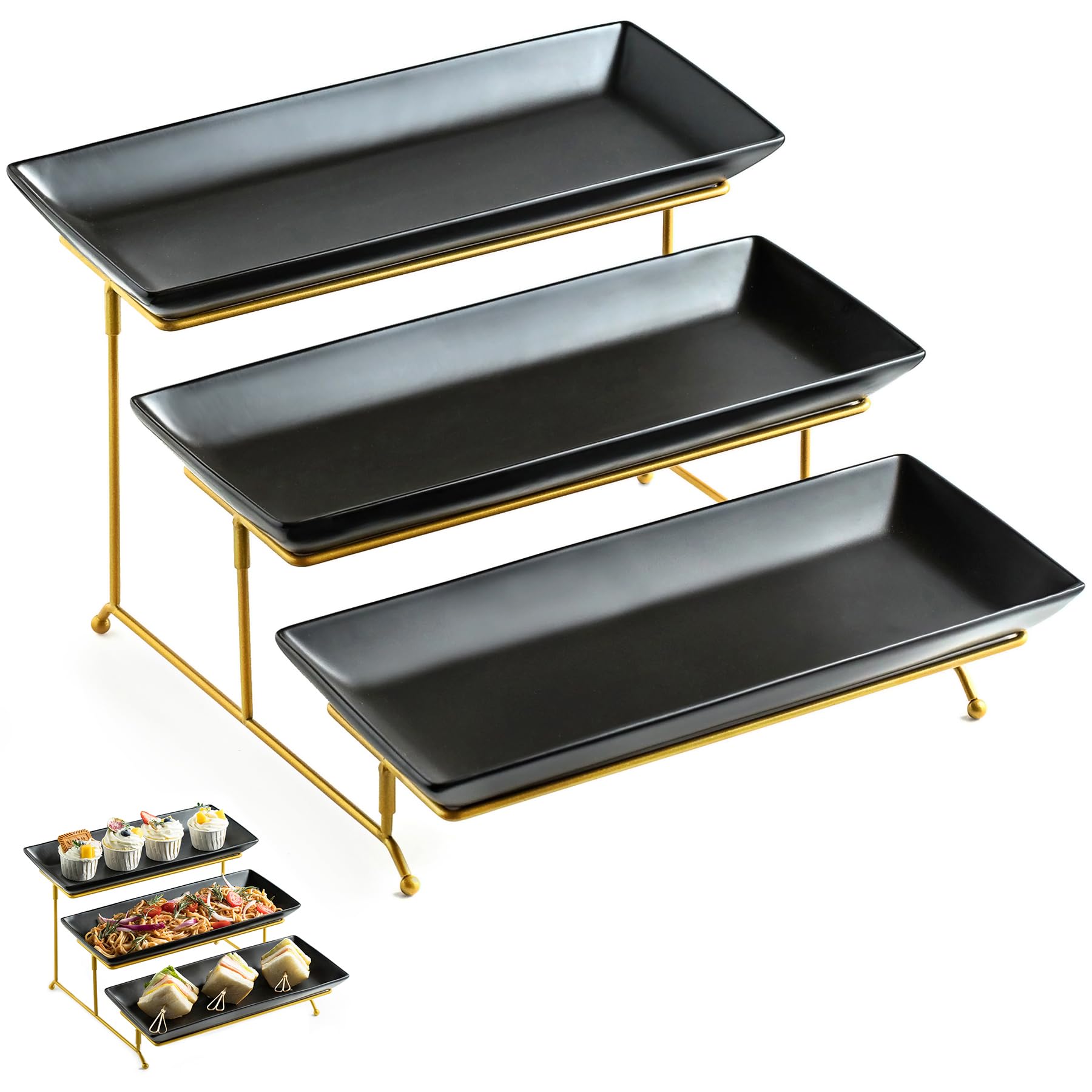 3 Tier Black/Gold Serving Tray Set, Tiered Serving Stand & Platters