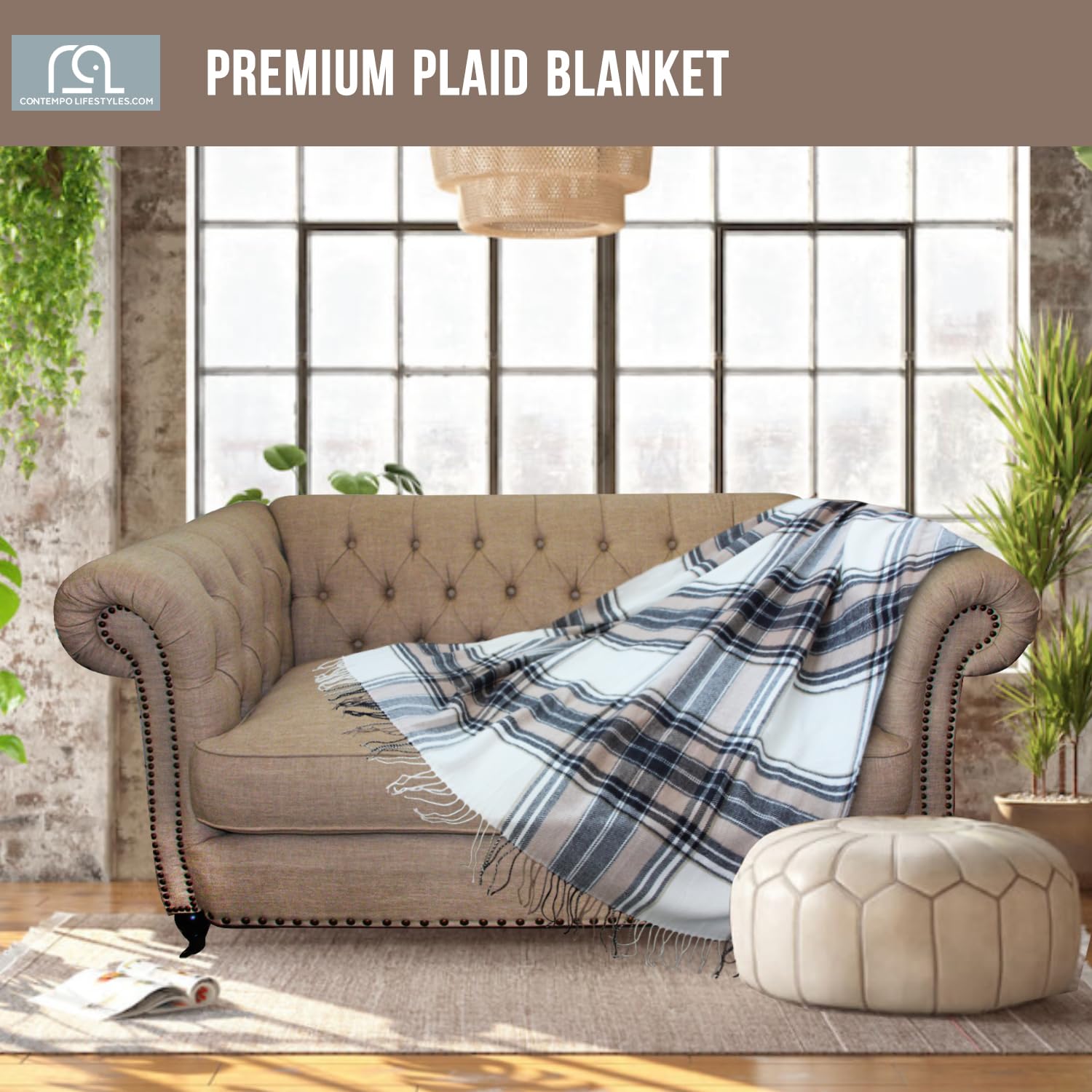 Ivory Buffalo Plaid Throw Blanket With Fringe