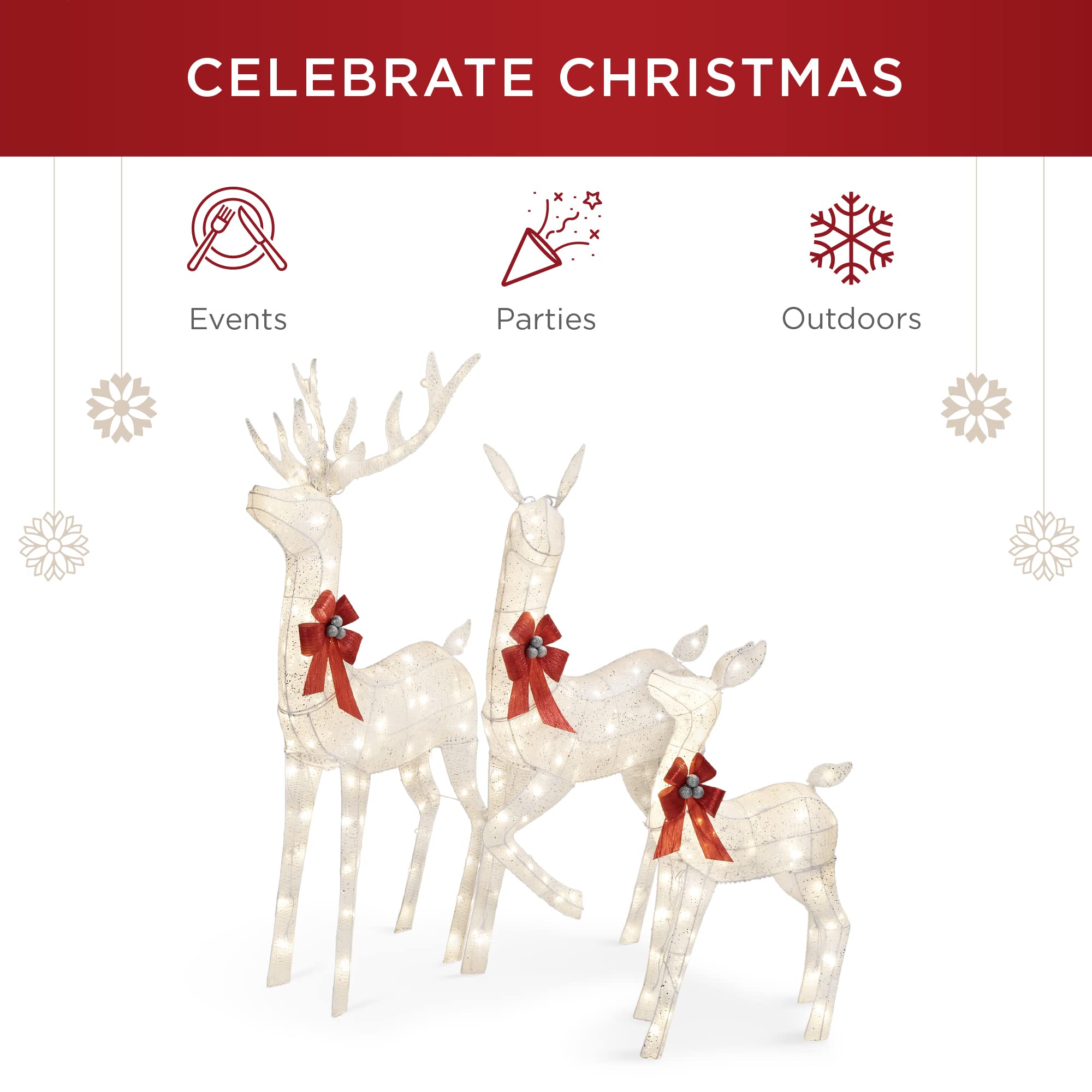 3-Piece Christmas Deer Set with Warm White LED lights Features