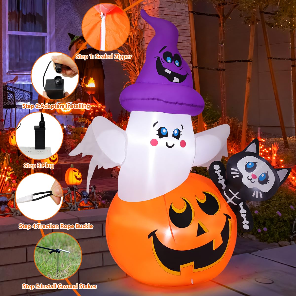 Halloween inflatable ghost with pumpkin base and cat decoration, set up outdoors.