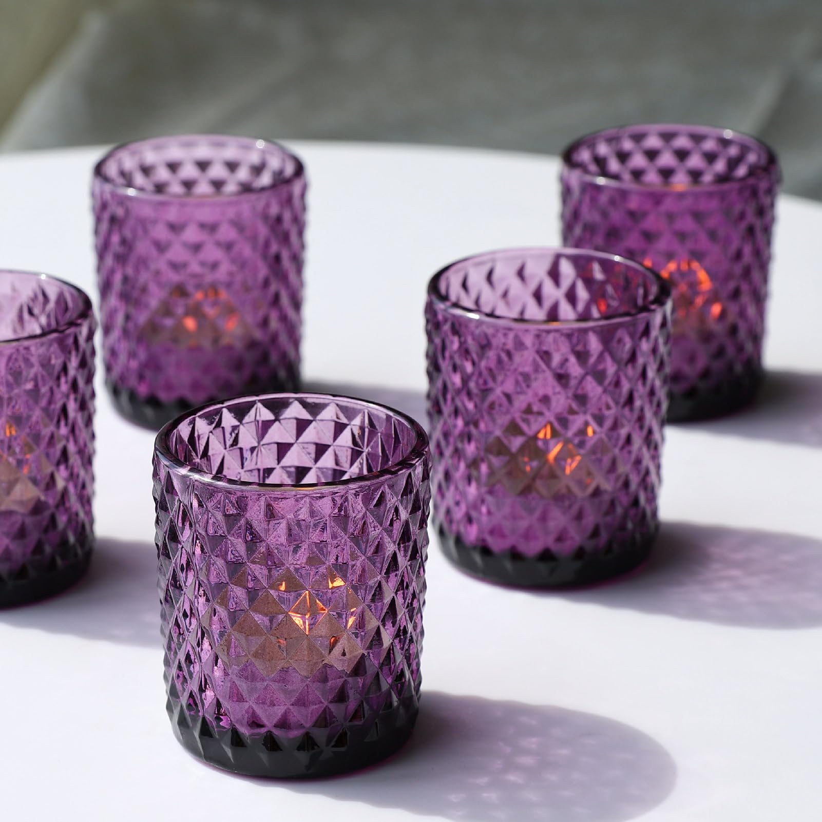 12pcs Purple Vintage Glass Diamond Pattern Votive Candle Holders