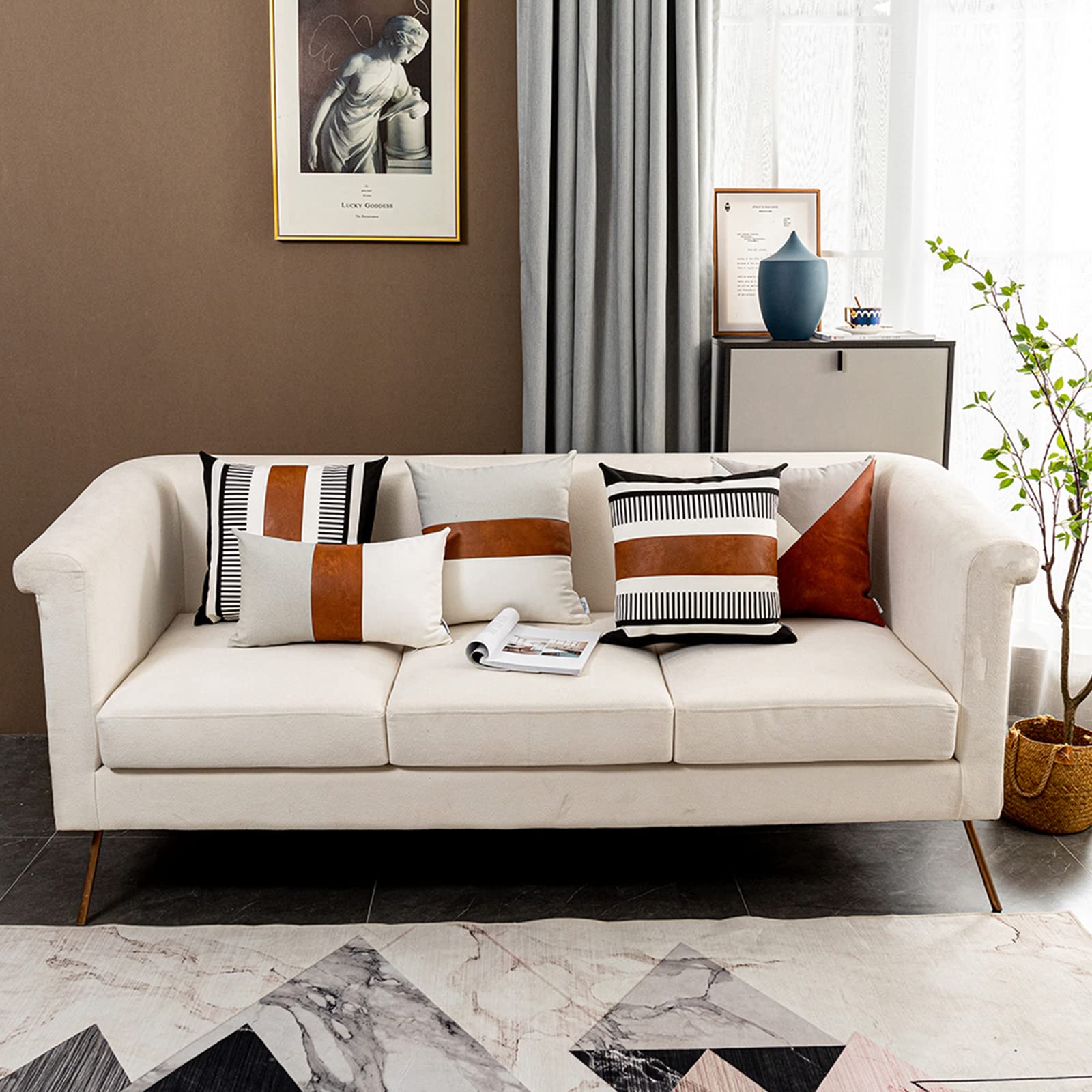 Set of 2 farmhouse throw pillow covers made of cotton canvas and faux leather