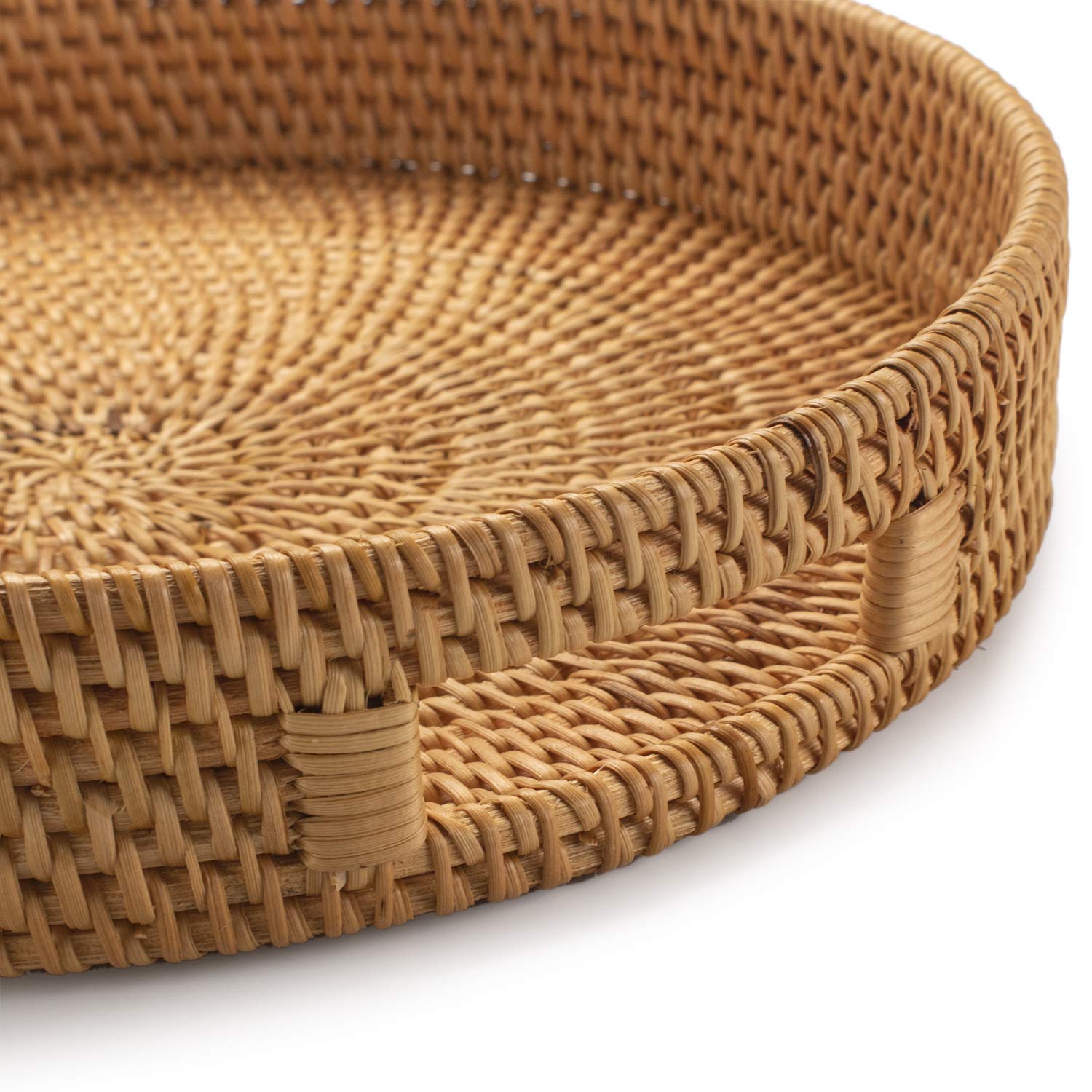 Closeup of round rattan serving tray natural color and design