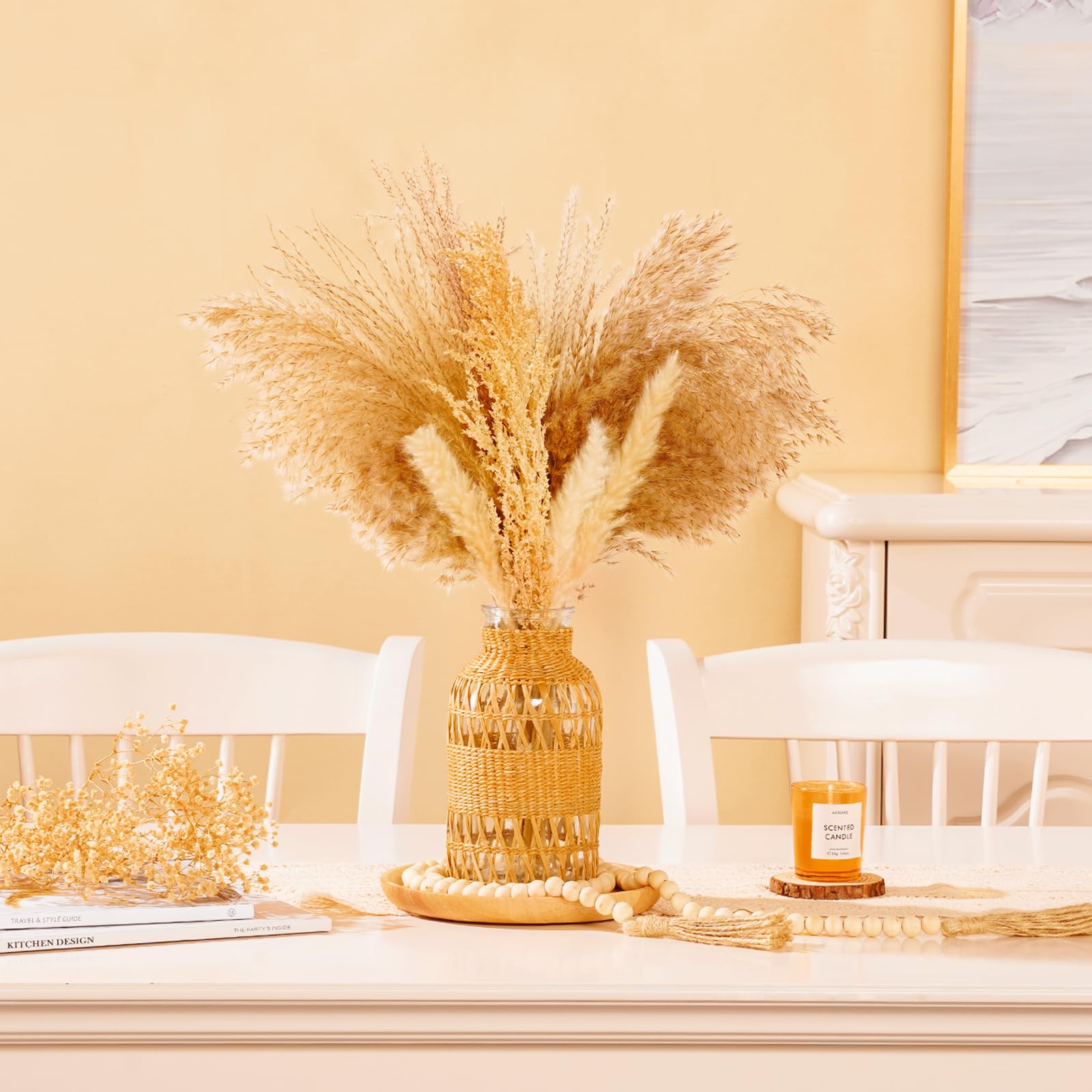 fall glass vase with hand woven detail and pampas grass display - fall centerpiece ideas