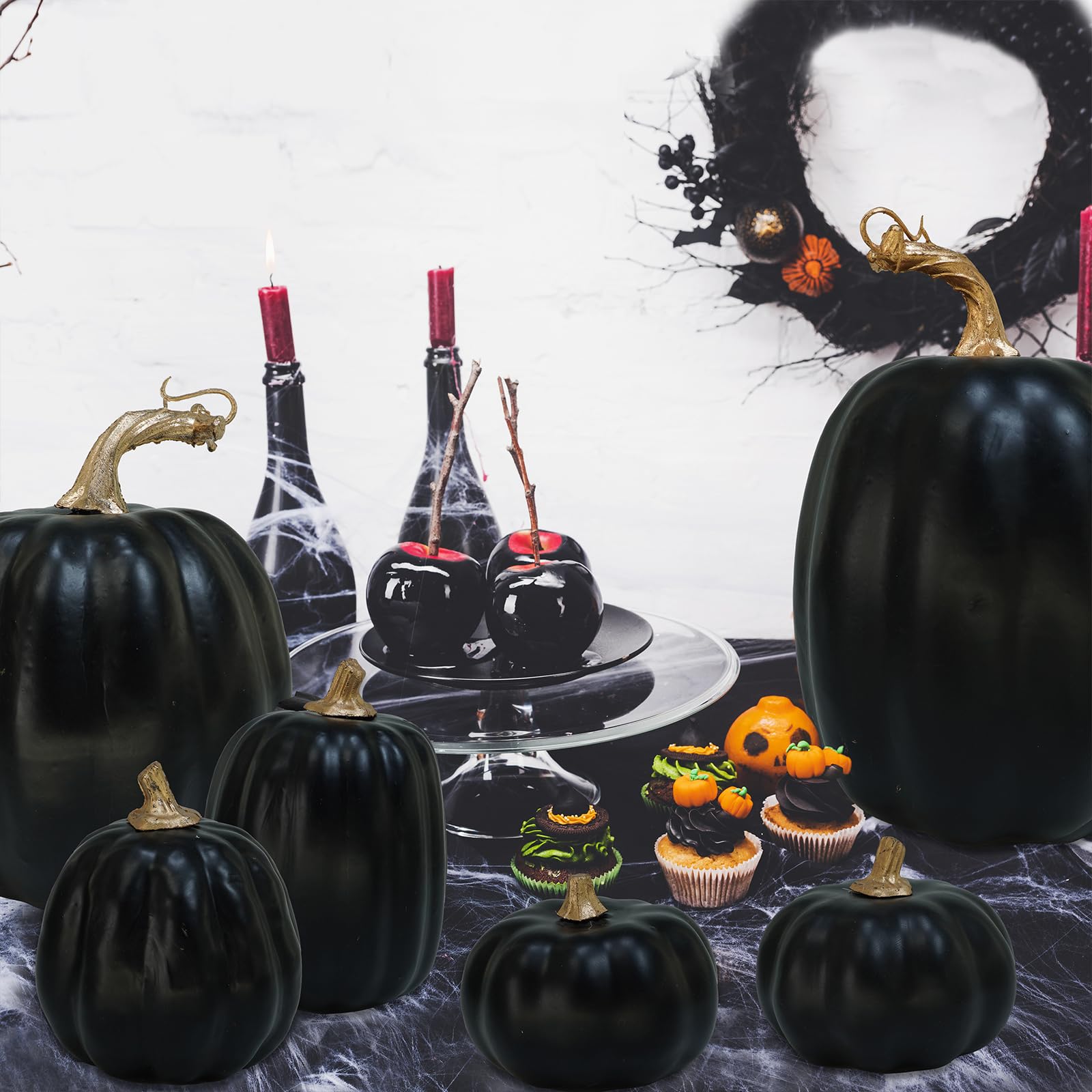 10 pack of artificial black pumpkins with gold stems
