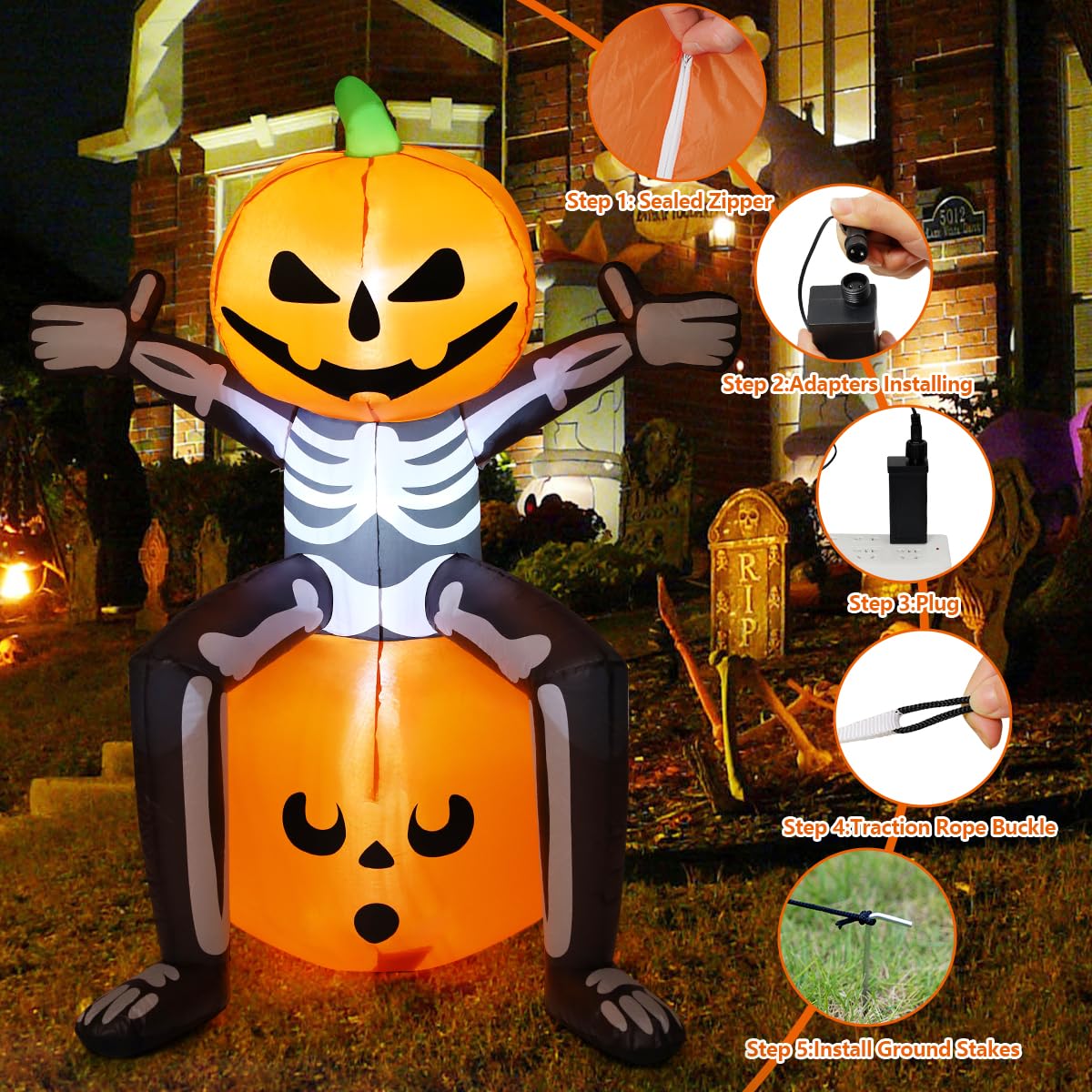 5FT Skull Skeleton Pumpkin Head with Built-in LEDs Inflatable Features