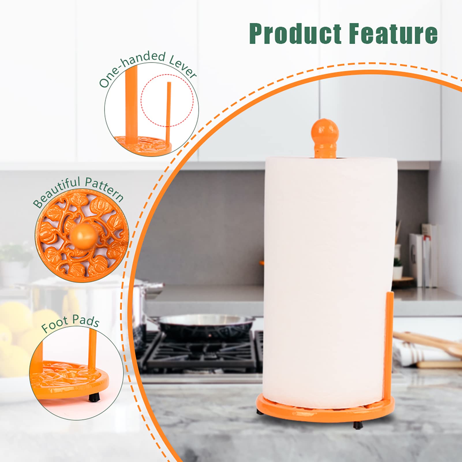 Orange Cast Iron Paper Towel Holder Features