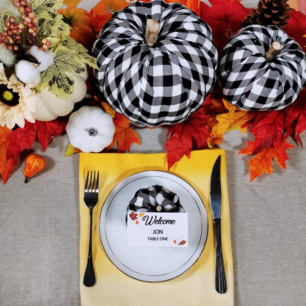 Table setting black white plaid pumpkin decor