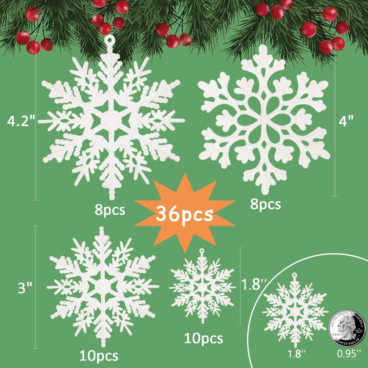 36pcs White Glitter Snowflake Ornaments Design Detail and Sizes
